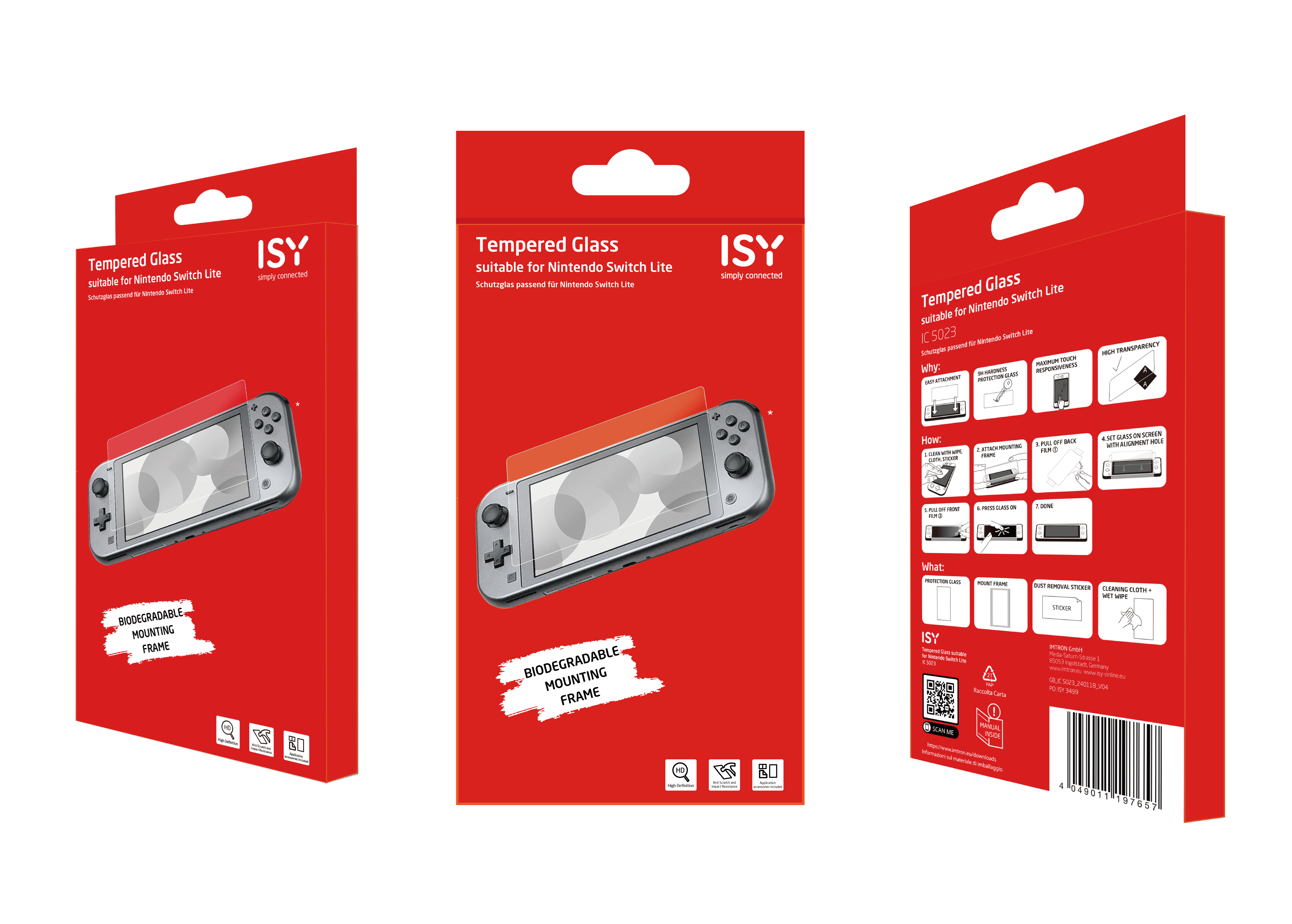 Scatole rosse con vetro temperato per Nintendo Switch Lite. Lo Switch è mostrato sulla confezione.