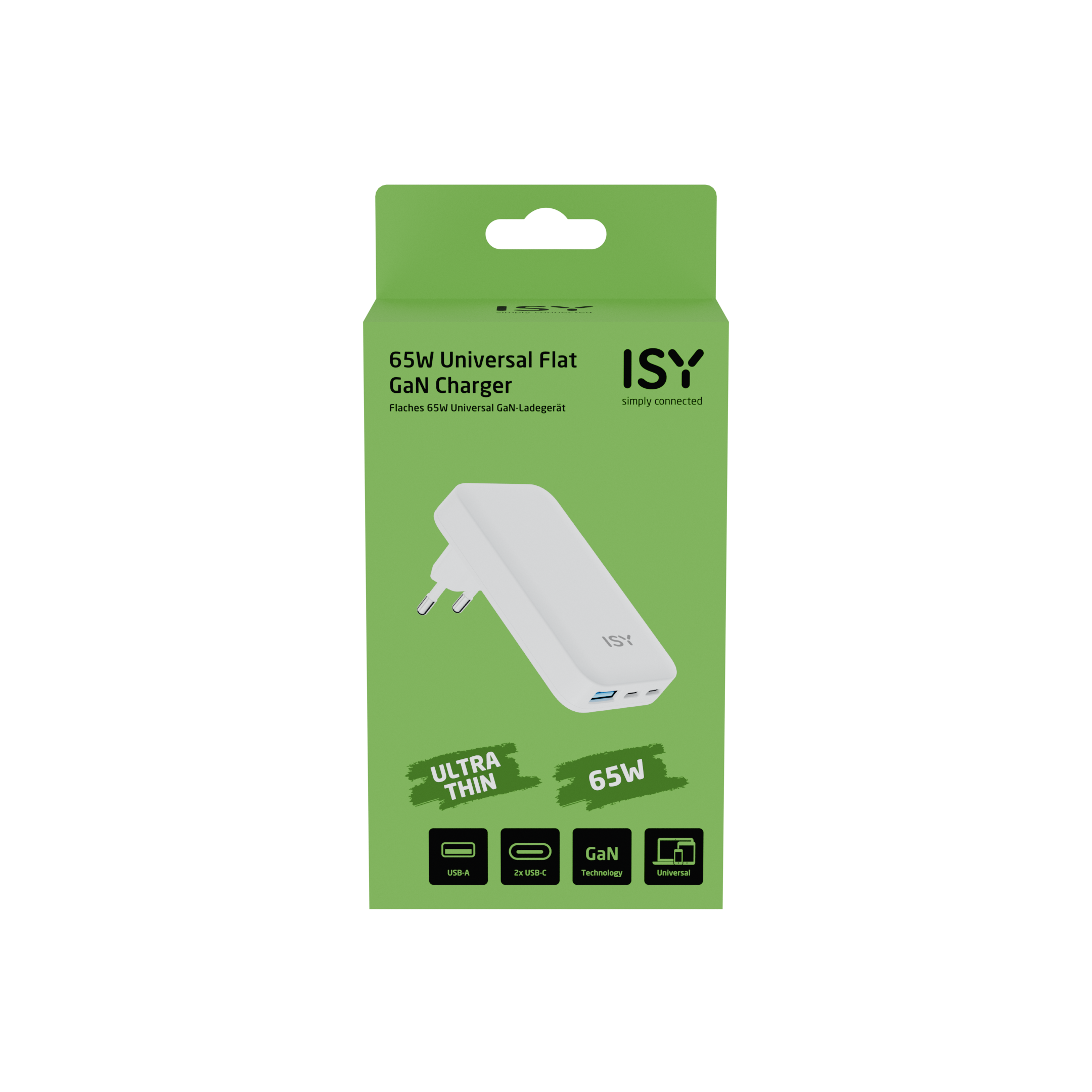 Zielone pudełko z białą ładowarką. Tekst: 65W Universal Flat GaN Charger.