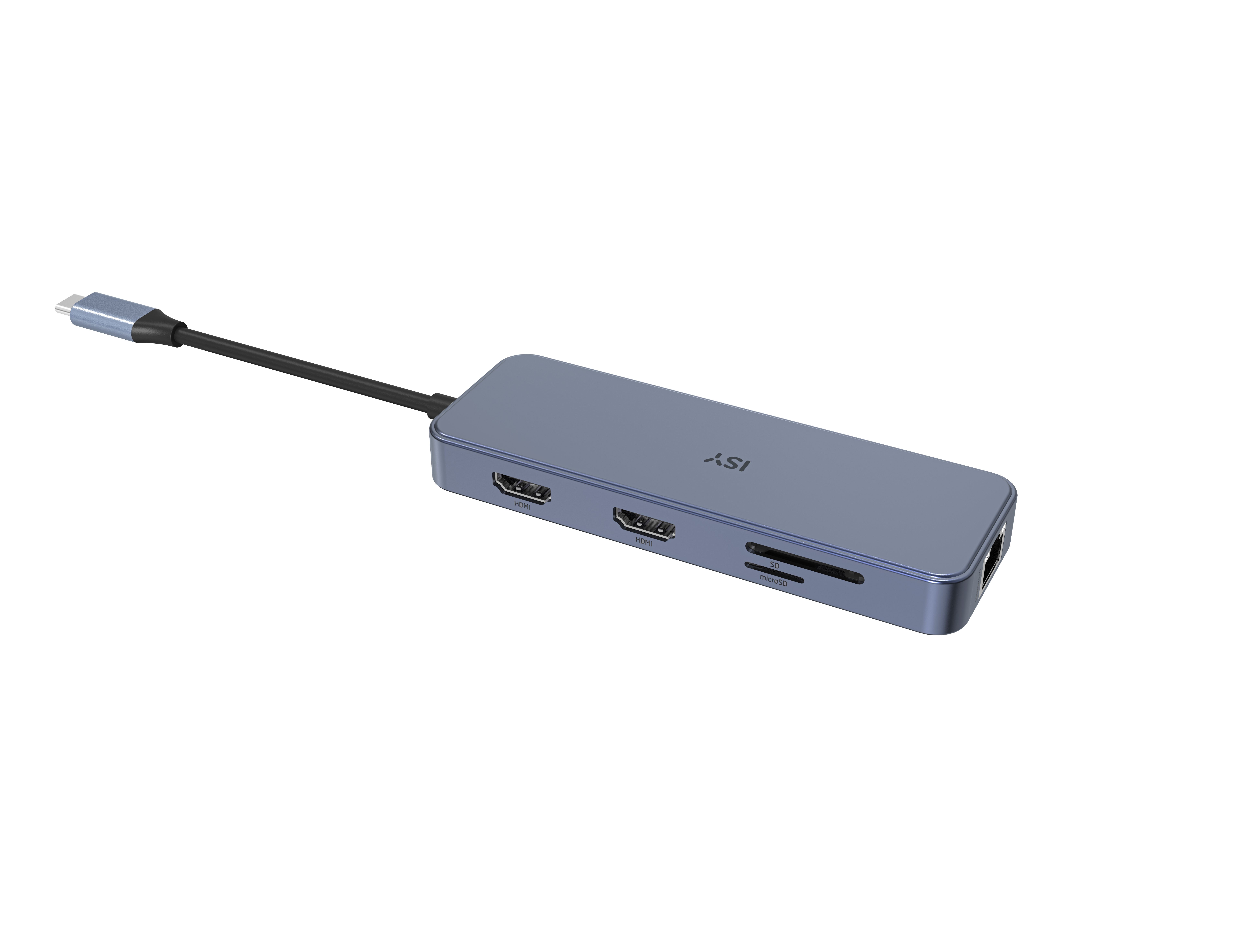 Un hub USB-C bleu-gris repose sur une surface noire. Il possède plusieurs ports et un câble connecté.