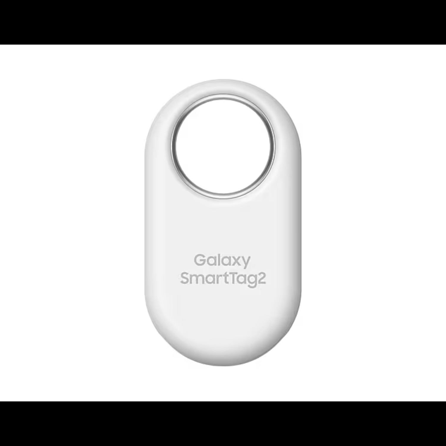 A white Galaxy SmartTag2, oval shape, with a silver ring and the Galaxy SmartTag2 text. White background.