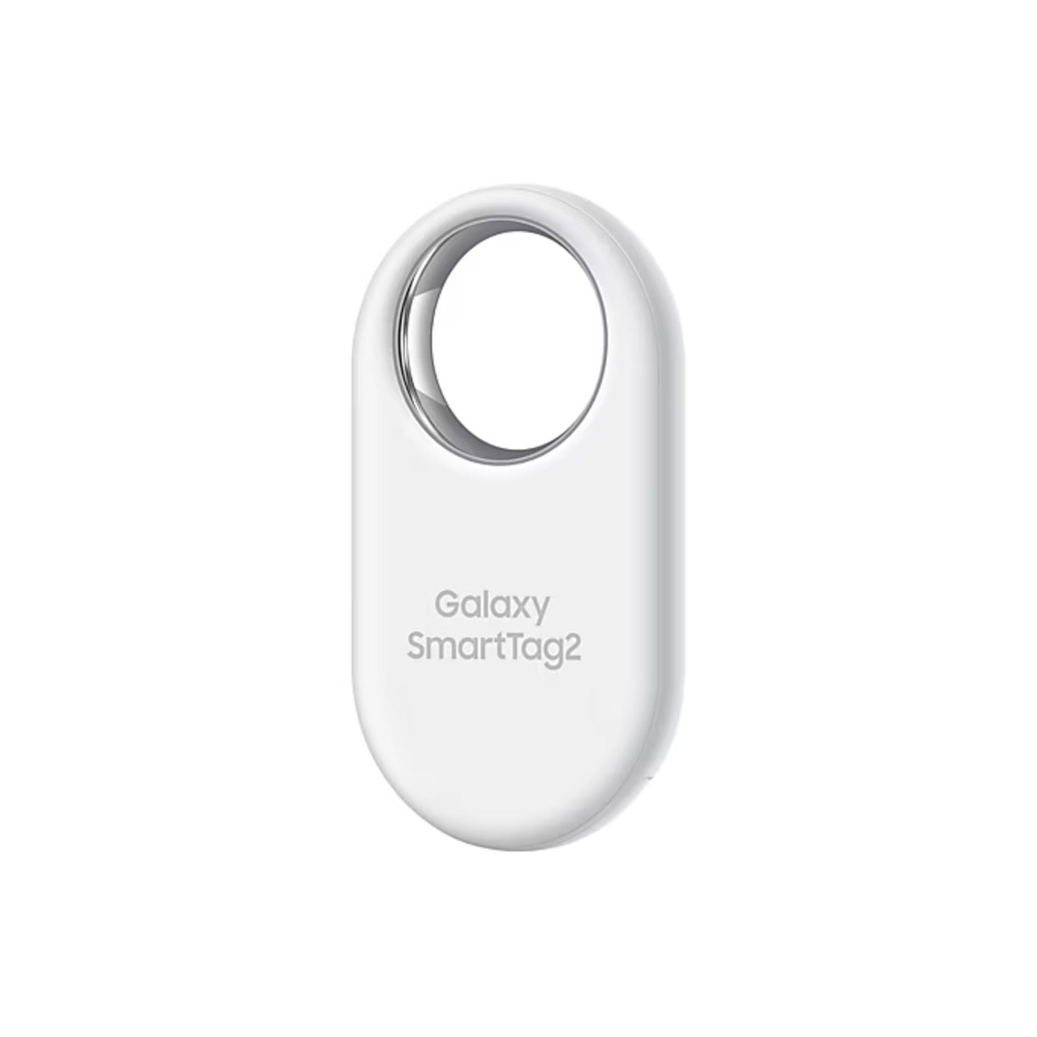 A white Galaxy SmartTag2, oval shape, with a silver ring and the Galaxy SmartTag2 text. White background.