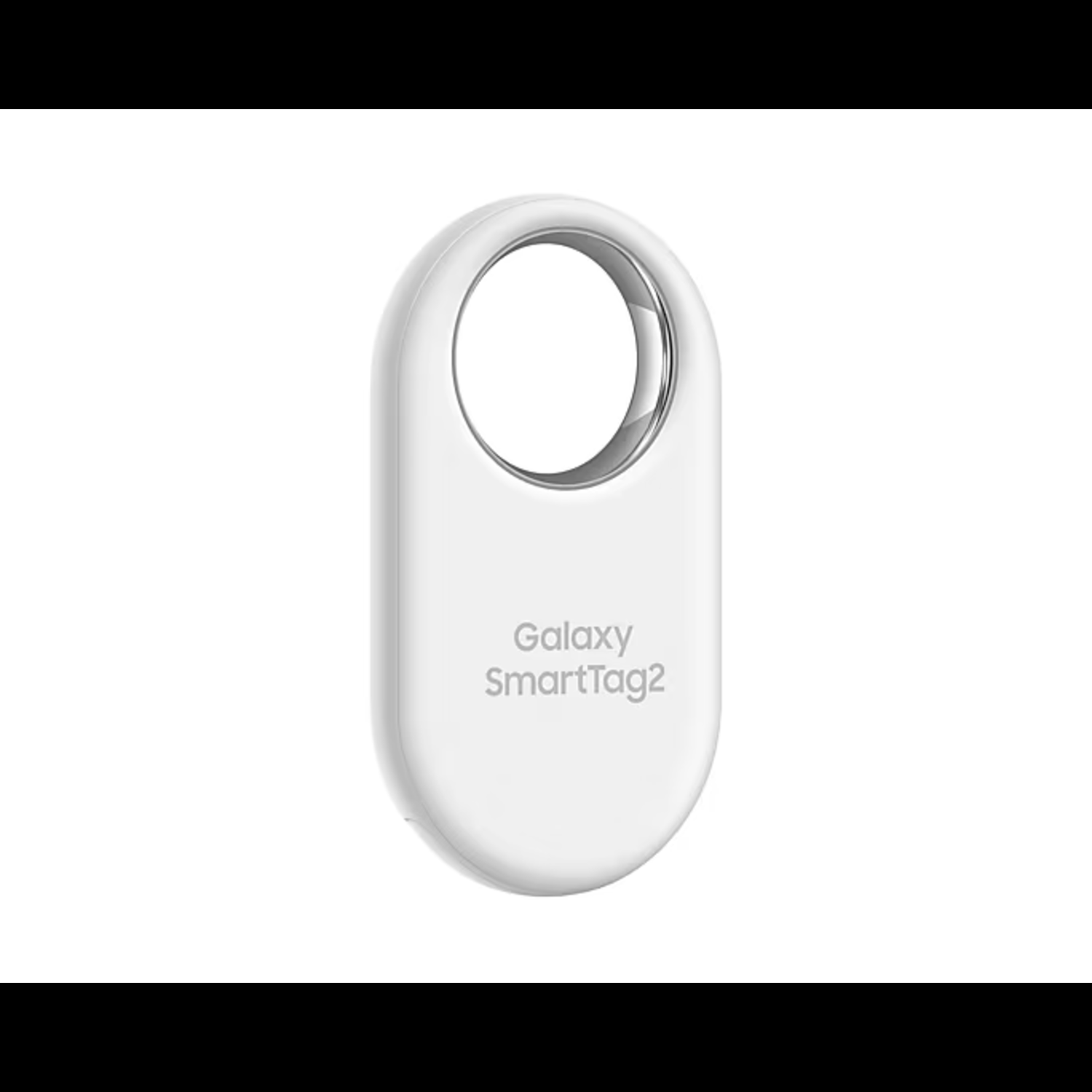 A white Galaxy SmartTag2, oval shape, with a silver ring and the Galaxy SmartTag2 text. White background.