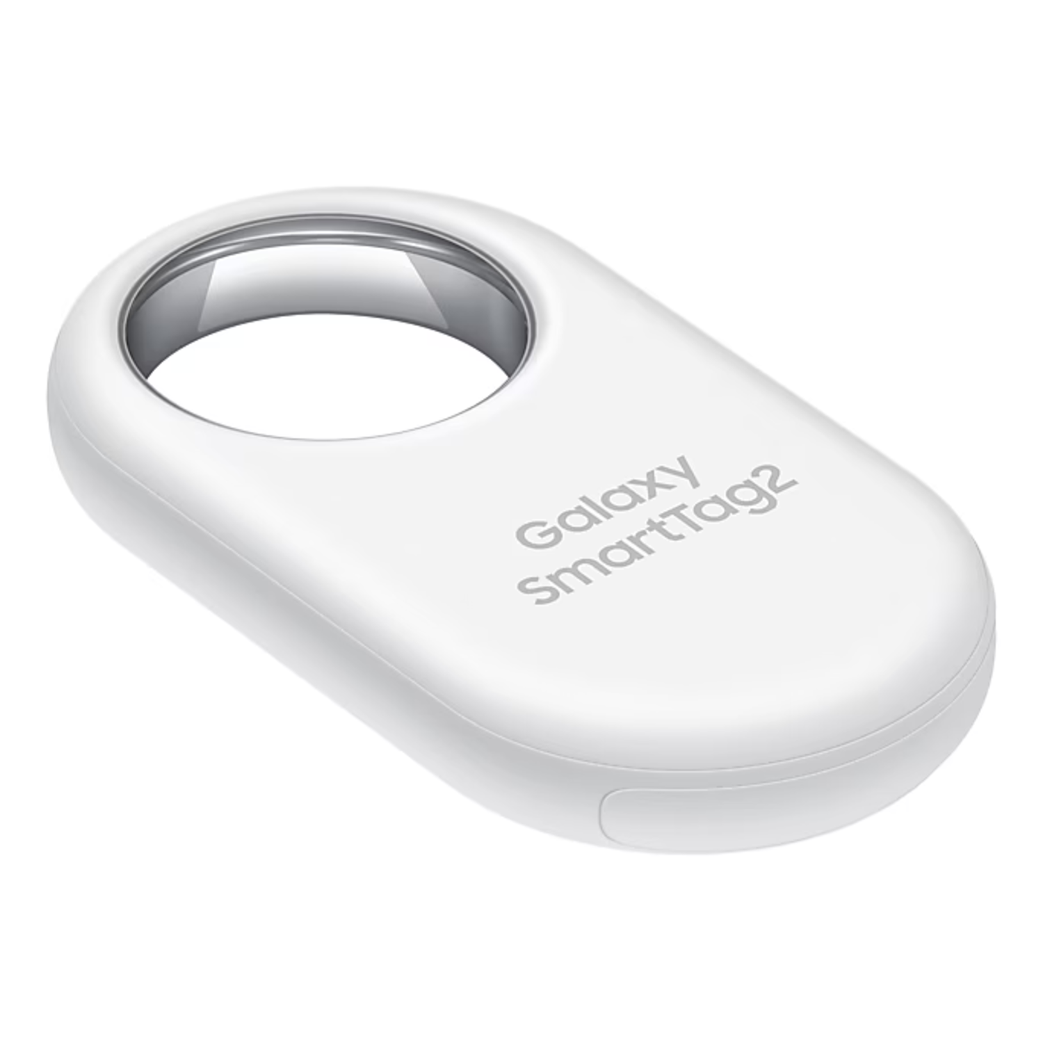 A white Galaxy SmartTag2, oval shape, with a silver ring and the Galaxy SmartTag2 text. White background.