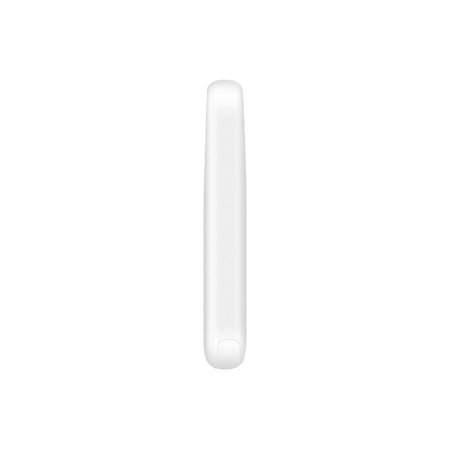 A white device, seen from the side, with a rounded shape and a small button or port at the bottom.