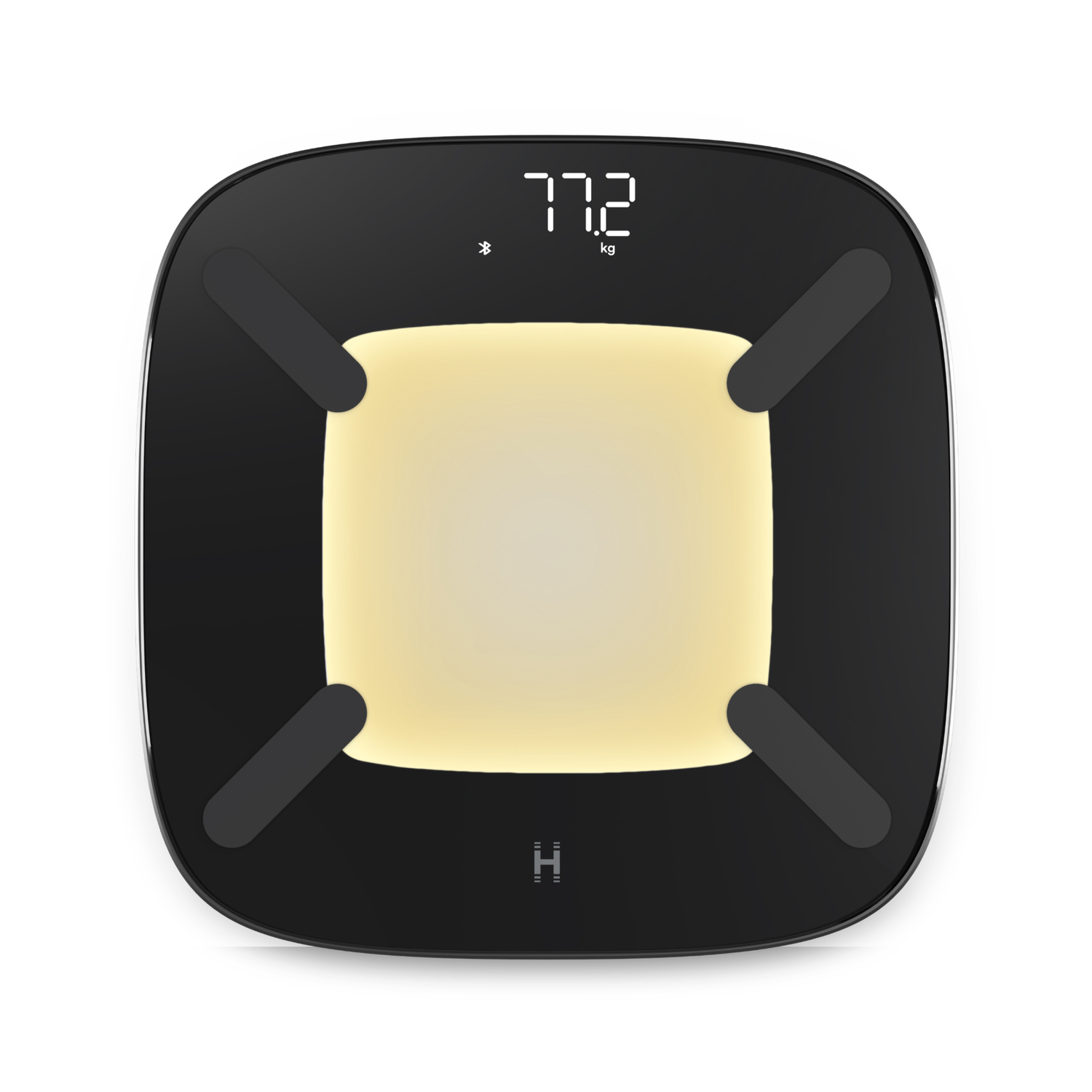 Zwarte slimme weegschaal toont gewicht 77,2 kg en Bluetooth-icoon.