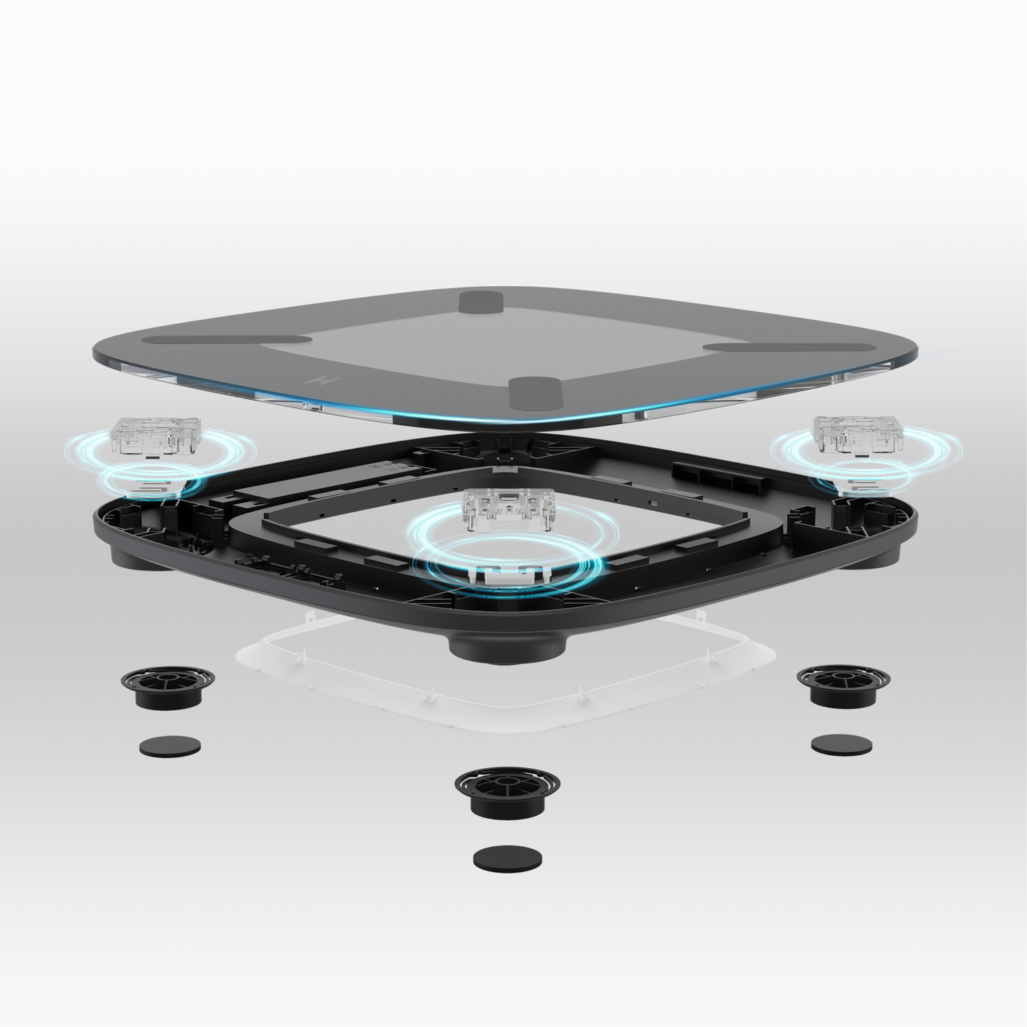 Exploded view van een slimme weegschaal met lagen en interne componenten. Zwarte en transparante onderdelen.