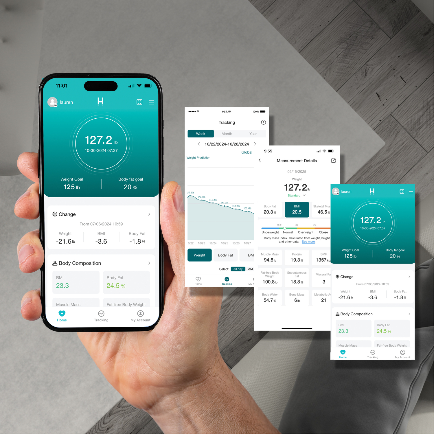 Smartphone-schermen met gezondheidsapp met gewichtsgegevens, lichaamsvetpercentage en details over de lichaamssamenstelling.