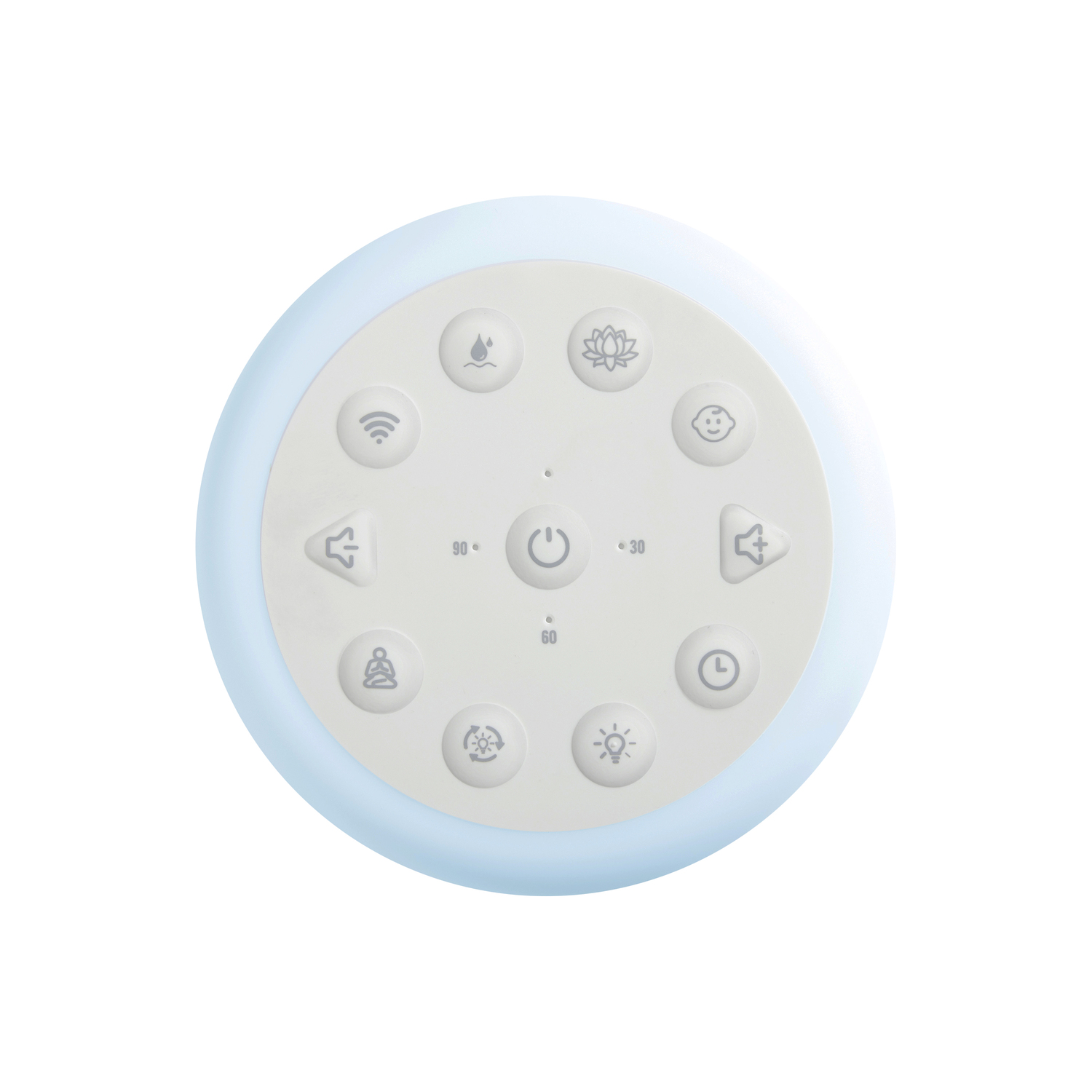 Sound machine, top view. White top with gray buttons, light blue ring around the edge.