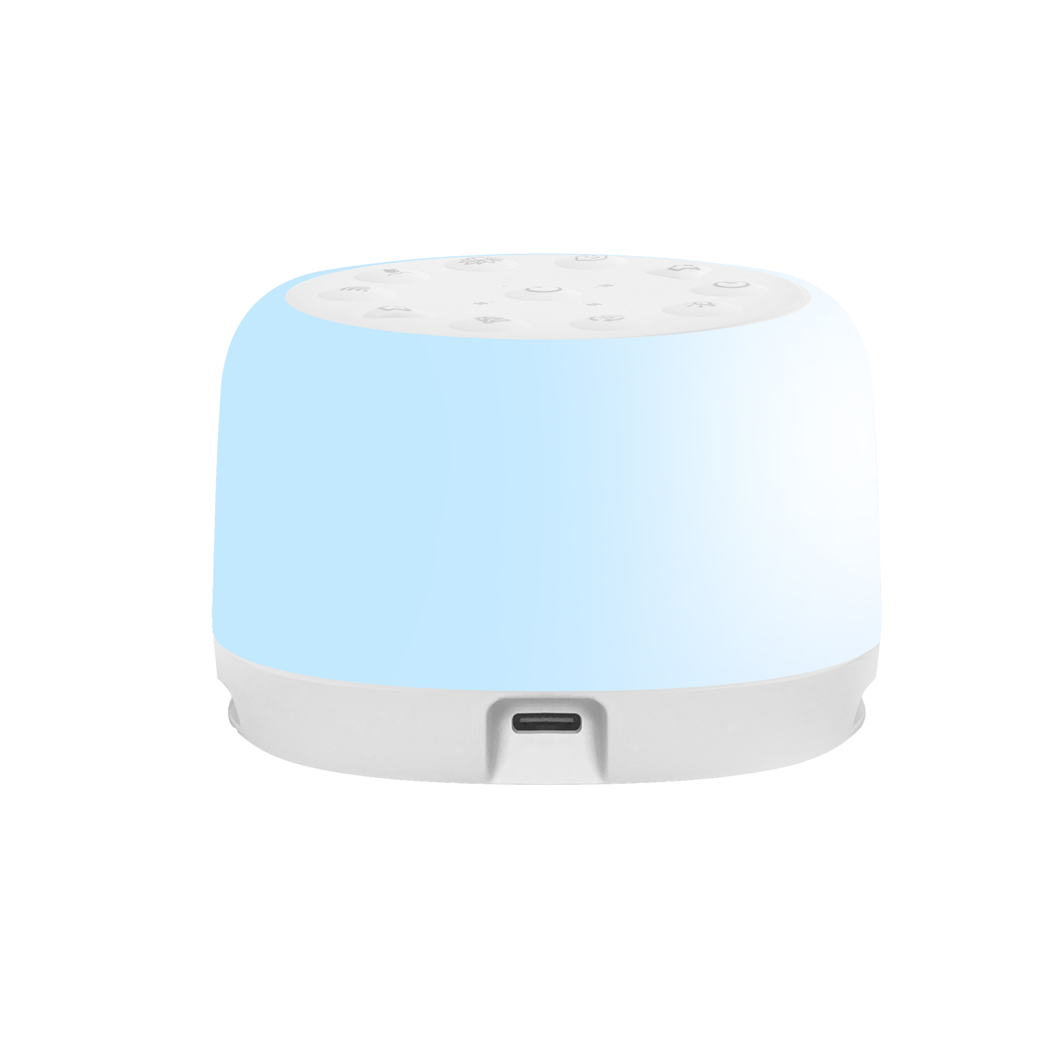 Sound machine, side view. White base, light blue glowing section, and white top with buttons.