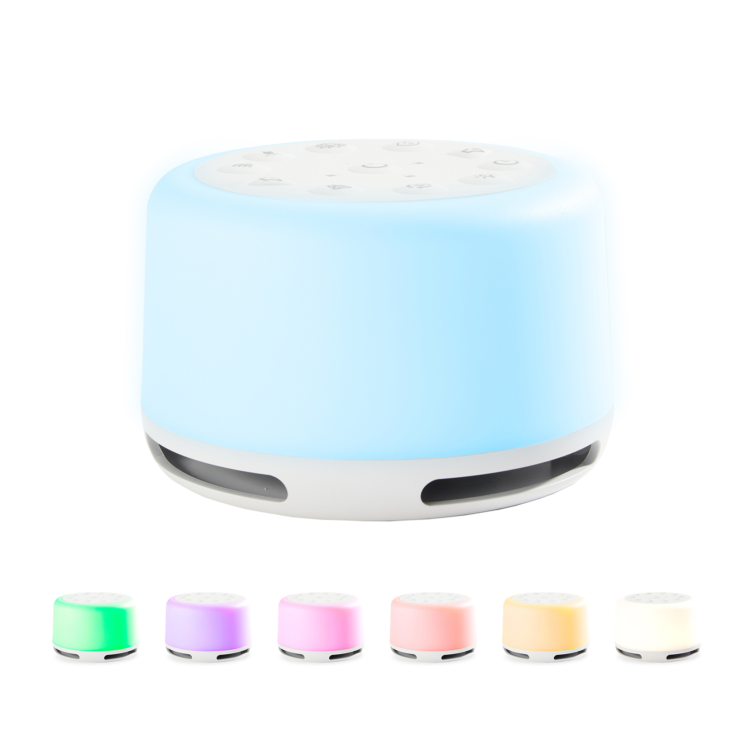 Sound machine with six color options: green, purple, pink, orange, and white. Blue light.