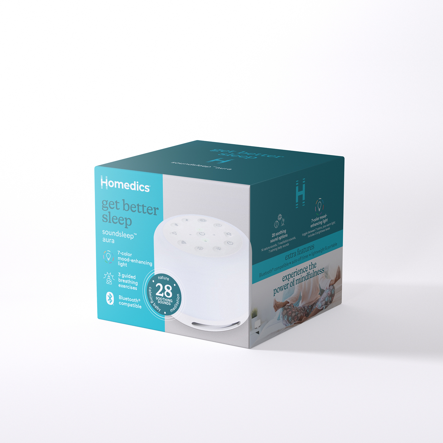 A white box with a blue top, featuring text and images about a sound machine.