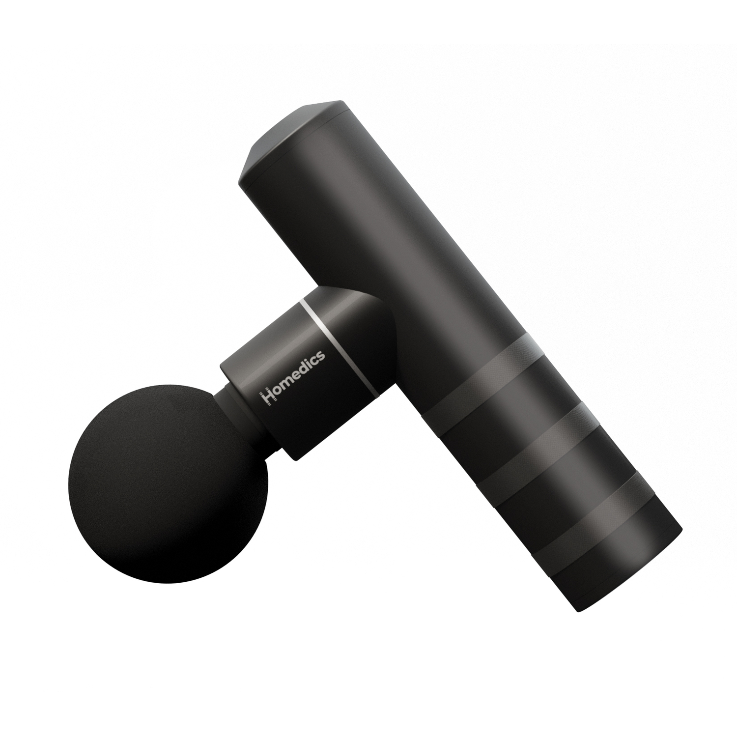 A black massage gun with a round head, angled on a white background.