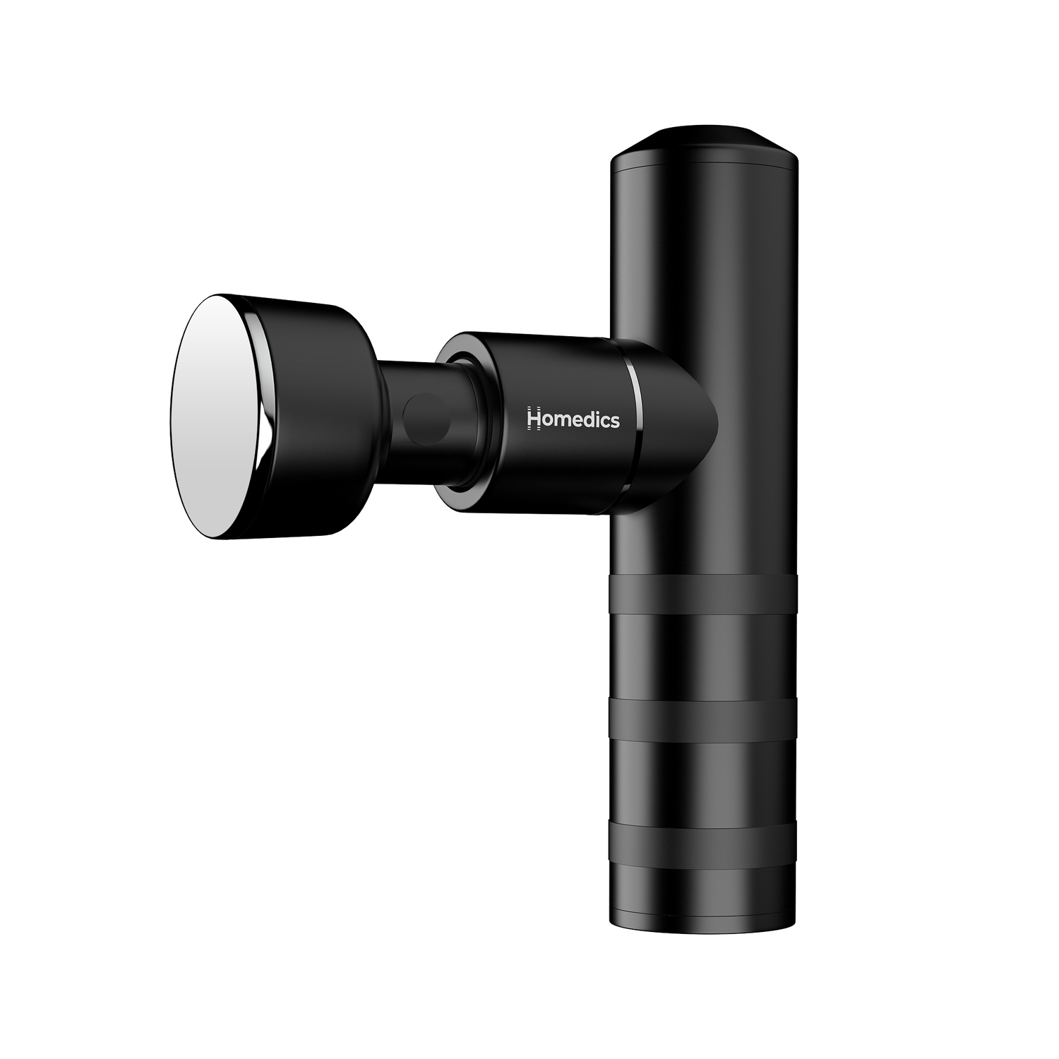A black massage gun with a flat head attachment on a white background.