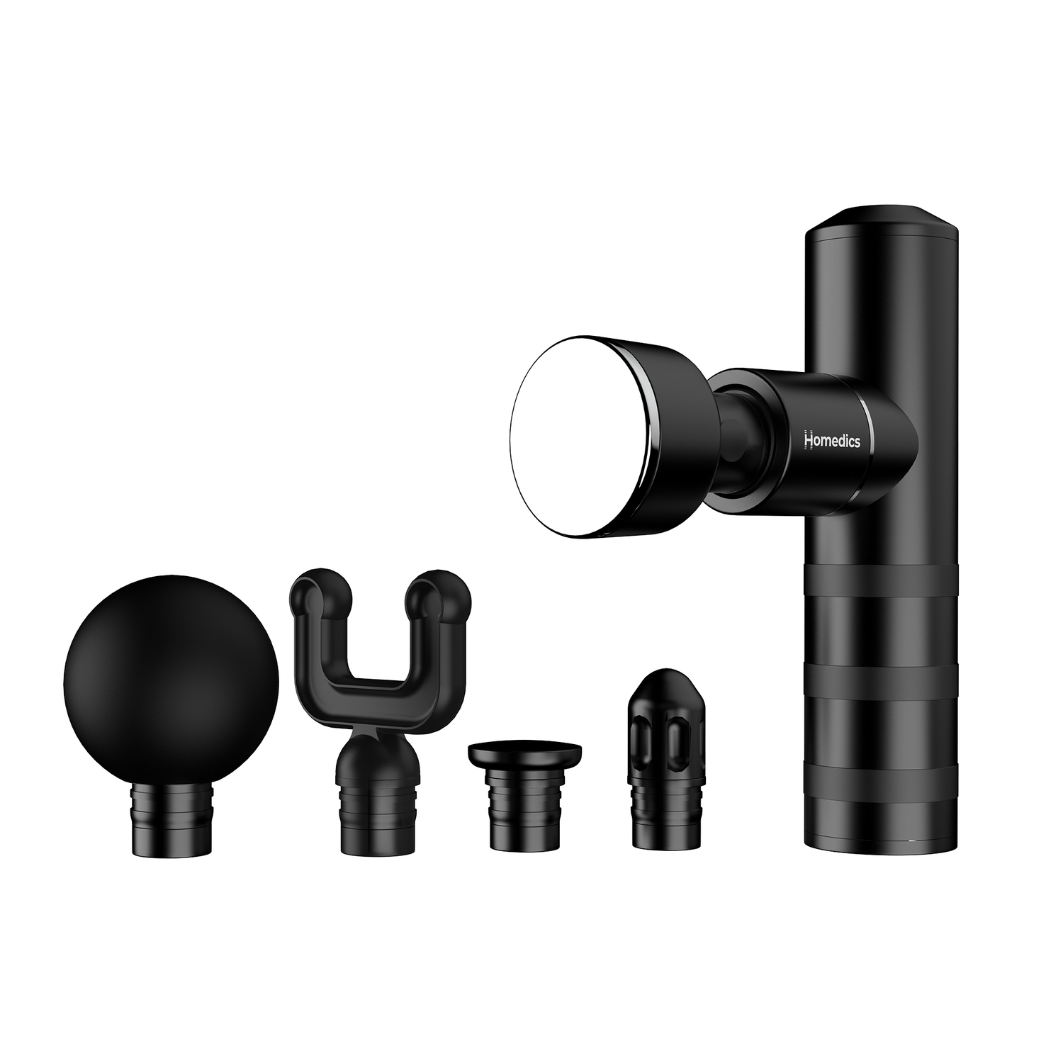 Black massage gun and attachments, including a ball, a U-shaped, cone, and flat head, white.