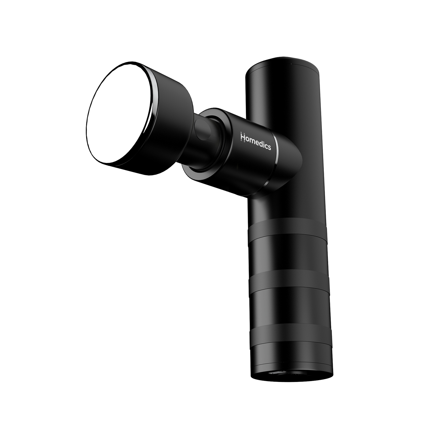 A black massage gun with a flat head attachment, angled on a white background.