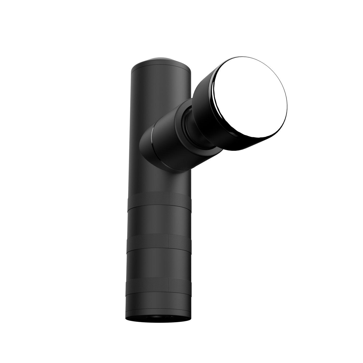 A black massage gun with a flat head attachment, angled on a white background.