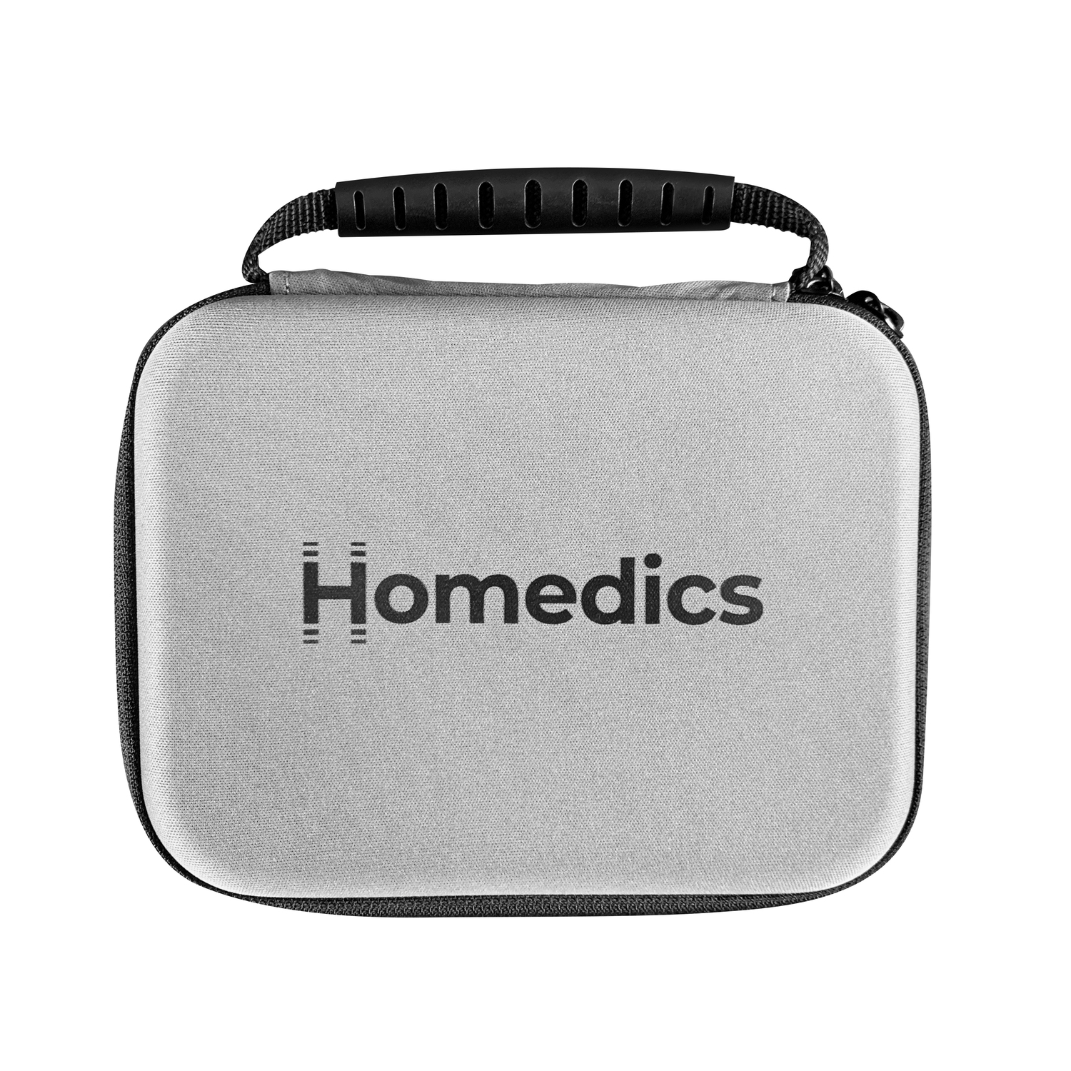 A gray carrying case with a black handle, bearing the Homedics logo on a white background.