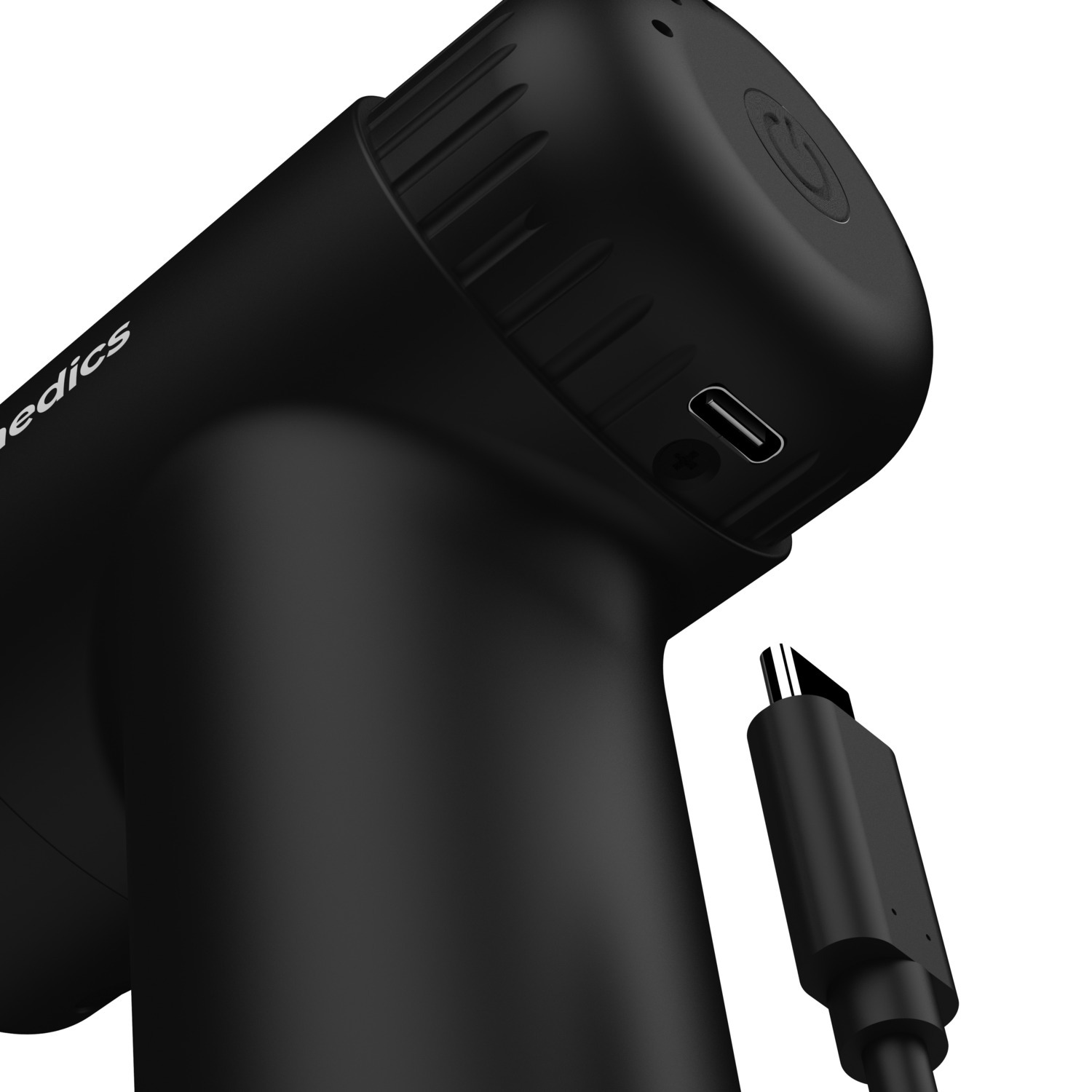 Black massage gun with a charging cable. The device has a power button and a charging port.