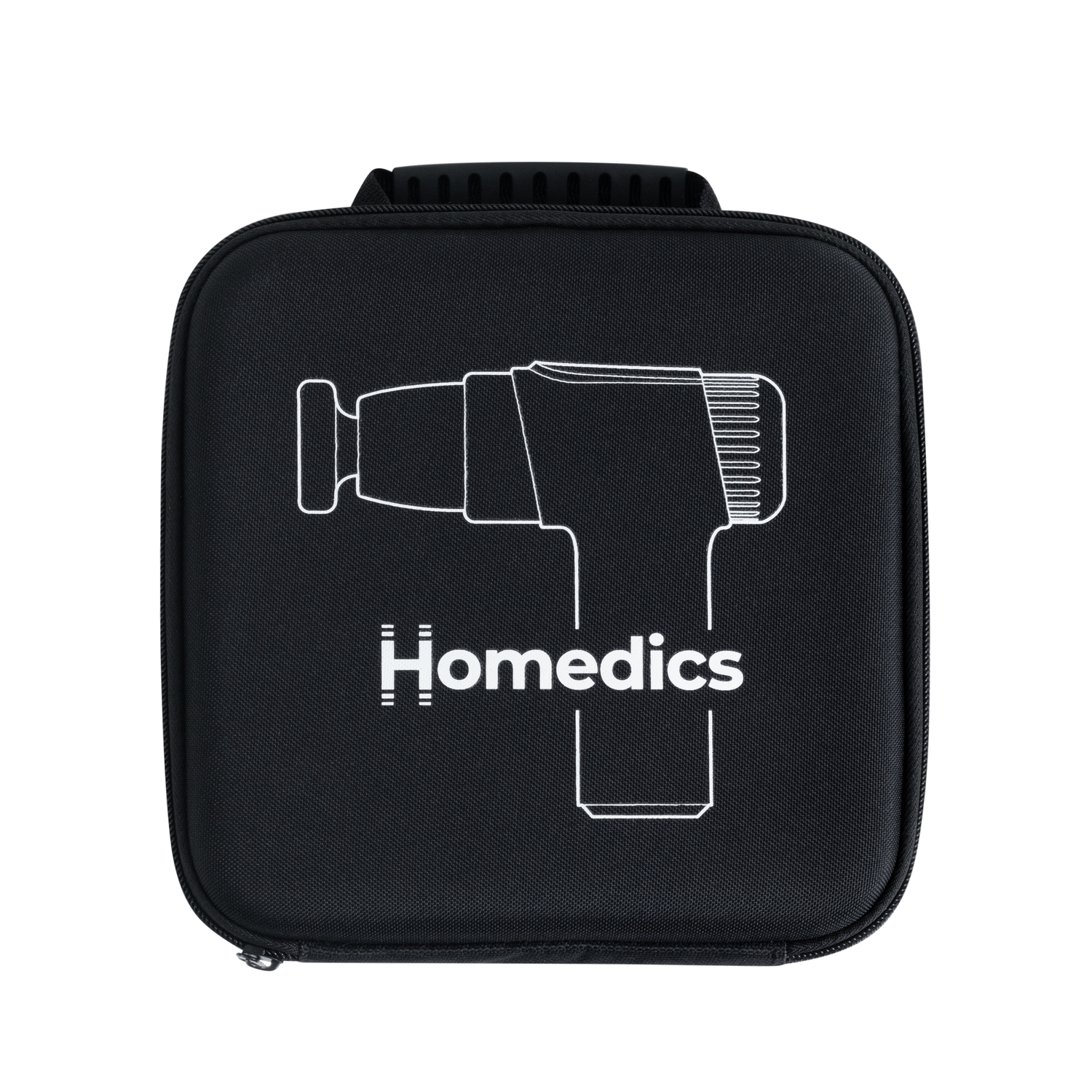 Black carrying case with white outline of a massage gun and the Homedics logo on the front.