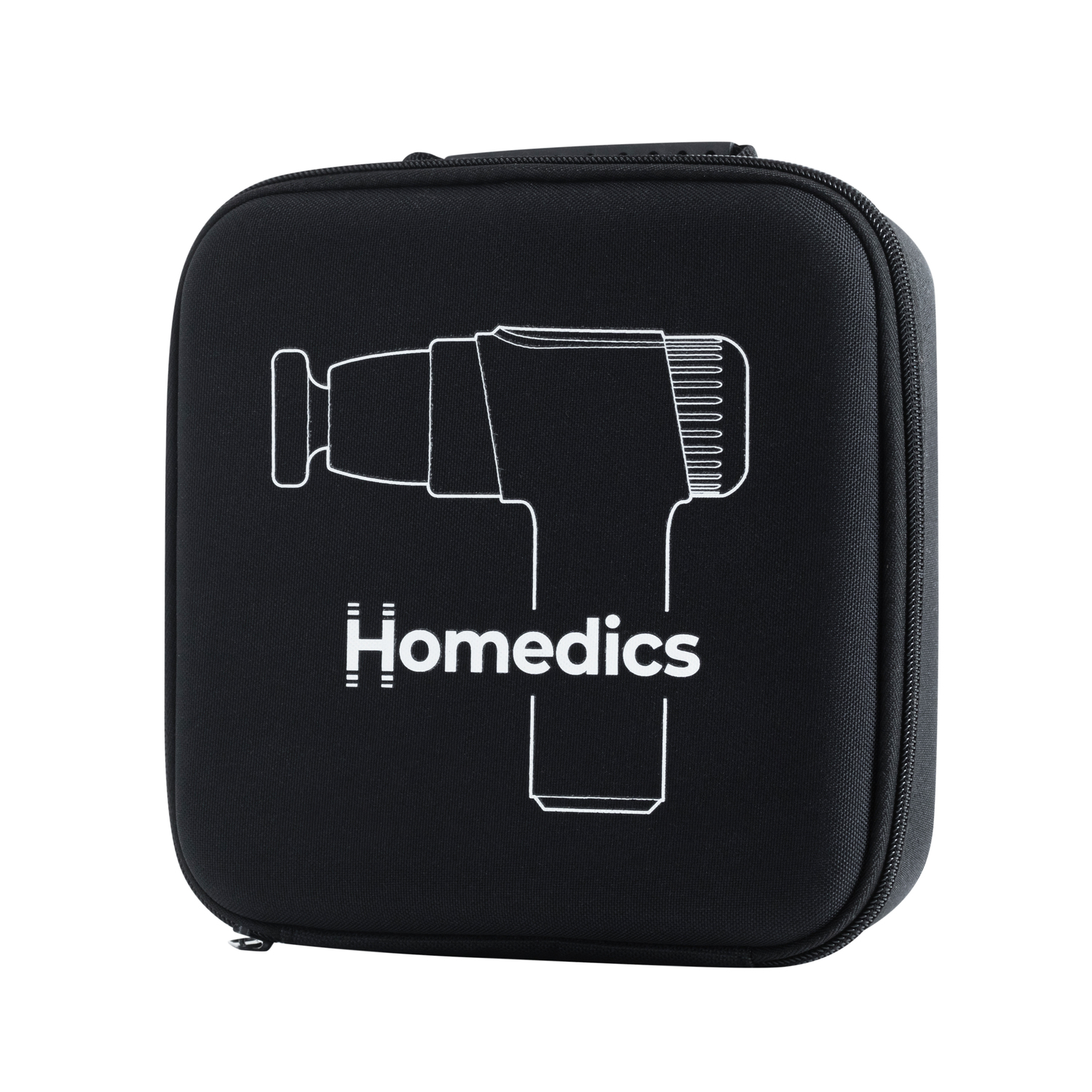 Black carrying case with white outline of a massage gun and the Homedics logo on the front.