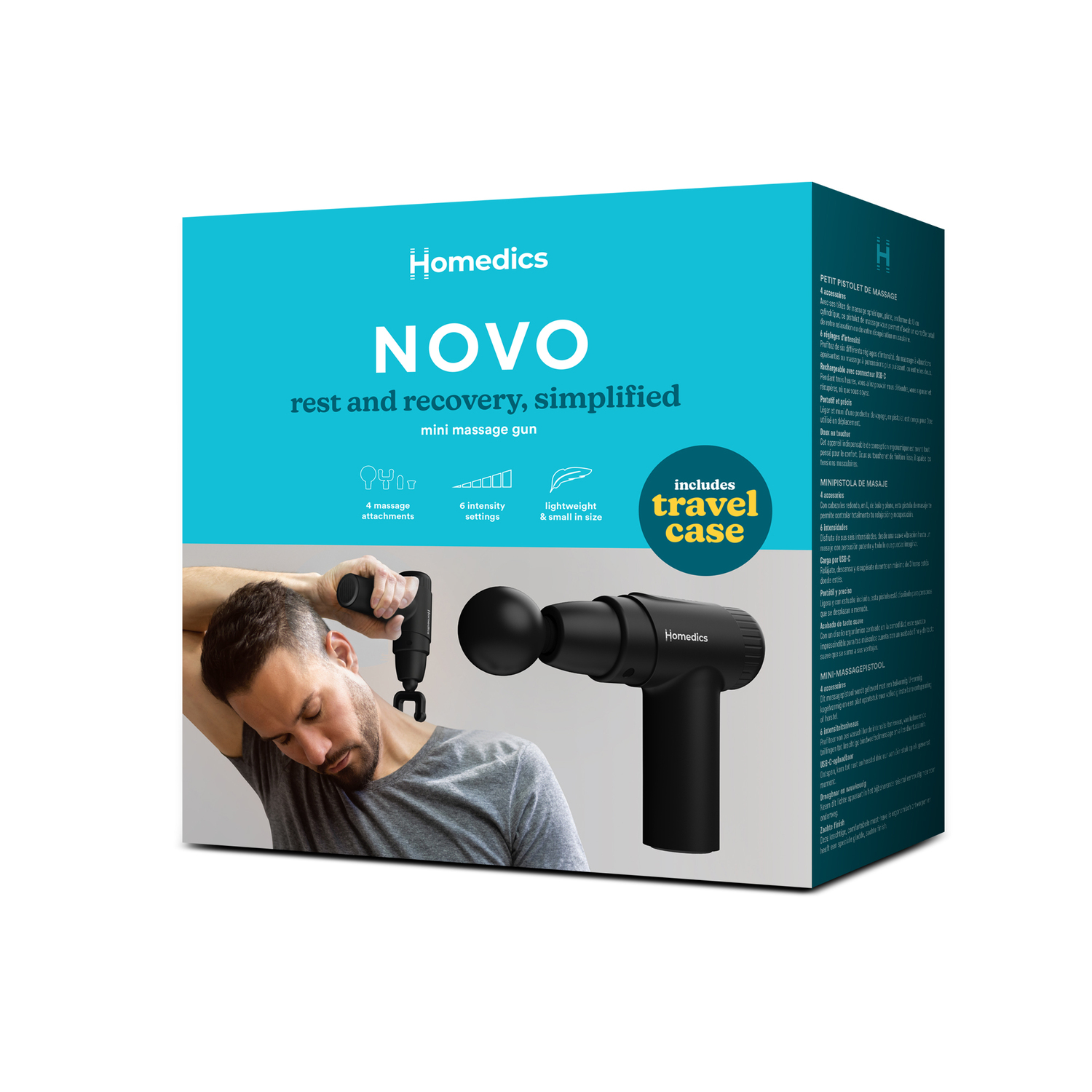 Box with a massage gun and person using it with text. Includes travel case mention.