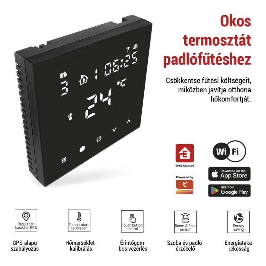 Okos termosztát fehér háttéren szöveggel és ikonokkal. Megjeleníti az időt, a hőmérsékletet, és van Wi-Fi-je.