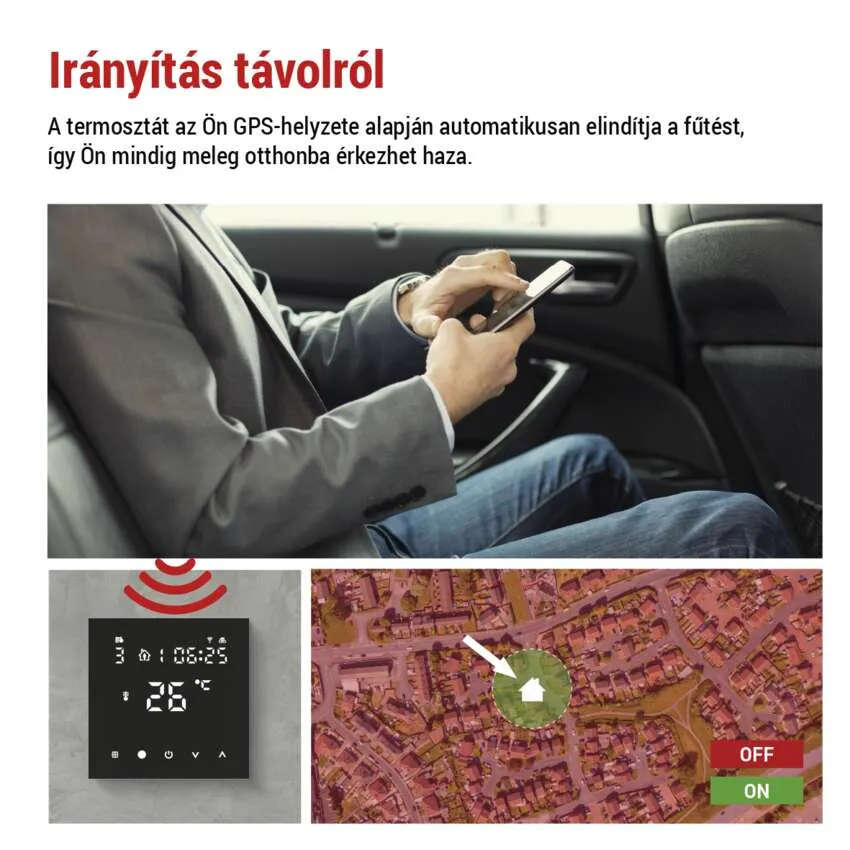 Férfi autóban telefont használ. Alatta okos termosztát és térkép a fűtésvezérlési lehetőségekkel.