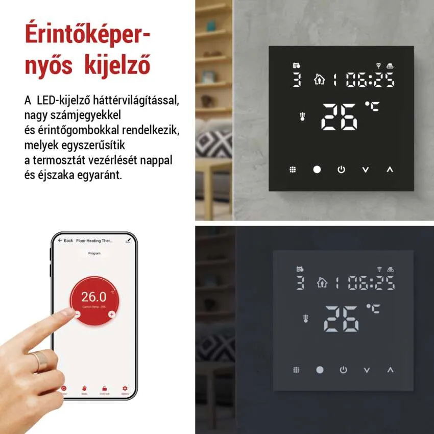 Kéz a smartphone képernyőjén, amely az okos termosztátot vezérli. A kijelző 26 fokot mutat. Második termosztát látható.