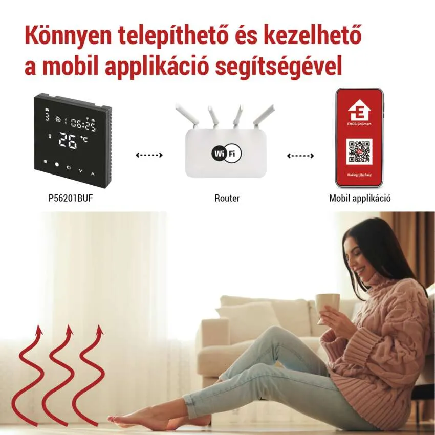 Nő a nappaliban ül, mobilalkalmazással és routerrel. Okos termosztát és hőhullámok láthatók.