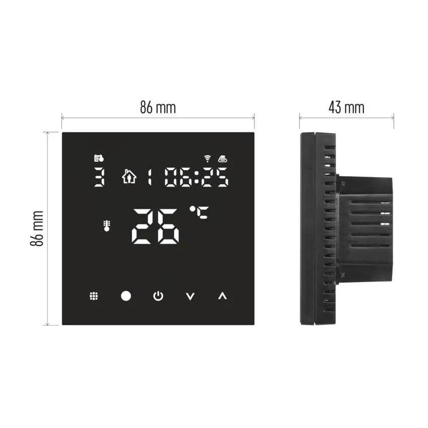 Egy fekete digitális termosztát mutatja az időt, a hőmérsékletet és néhány ikont. Oldalnézete van.