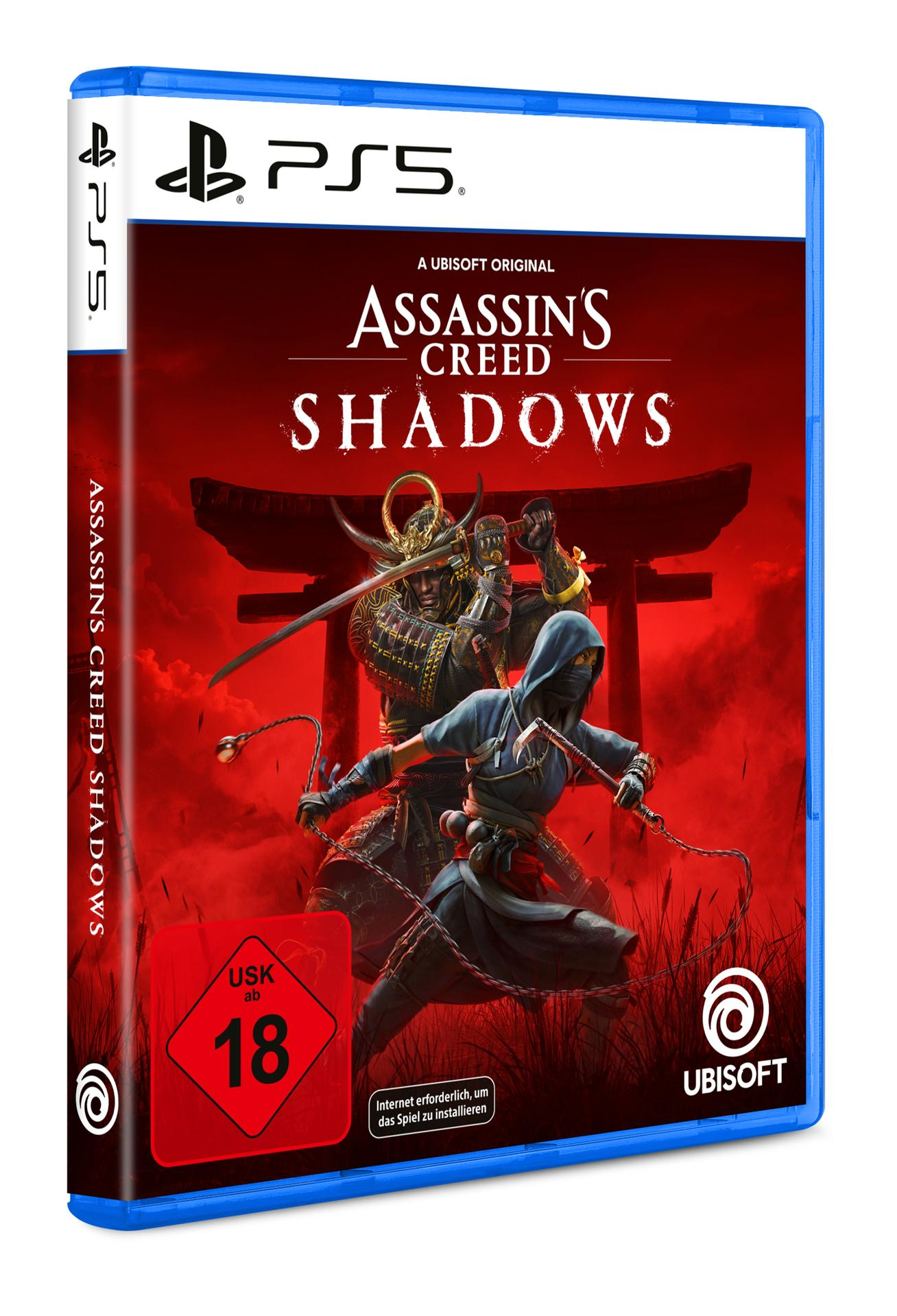 Spiel-Box-Art: Assassin's Creed Shadows. Samurai und Ninja in Action vor rotem Hintergrund.