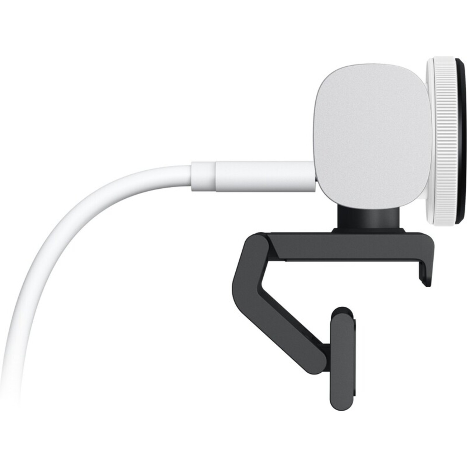 A silver webcam with a black clip on a white background.