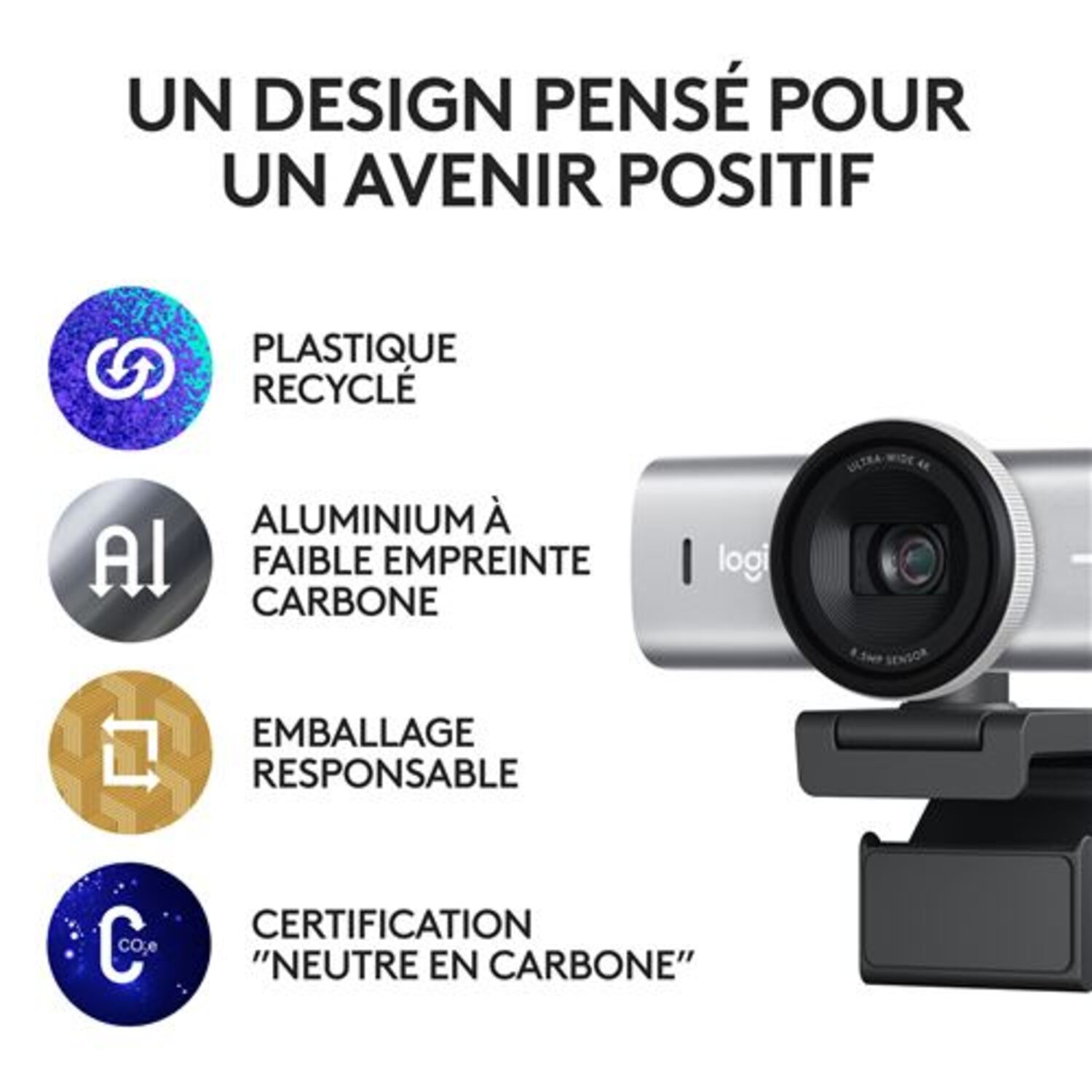 Webcam à côté d'icônes représentant le plastique recyclé, l'aluminium à faible empreinte carbone et l'emballage responsable.