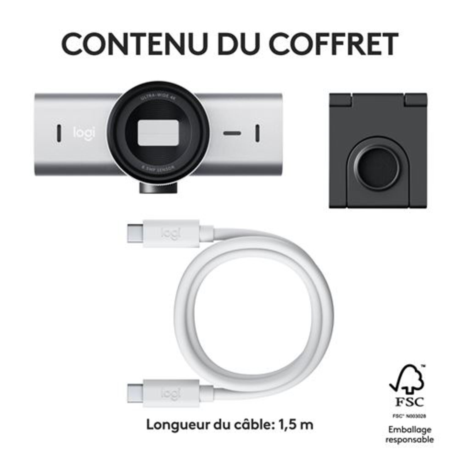 Webcam avec support noir et câble USB-C. Les accessoires sont présentés avec des étiquettes.