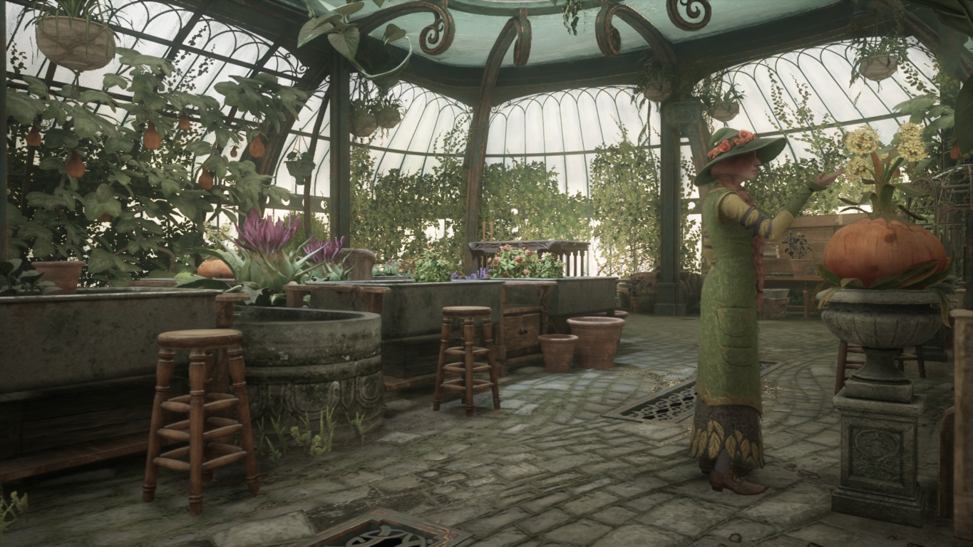 Szklarnia z roślinami i osobą pielęgnującą je, sceneria Hogwartu.