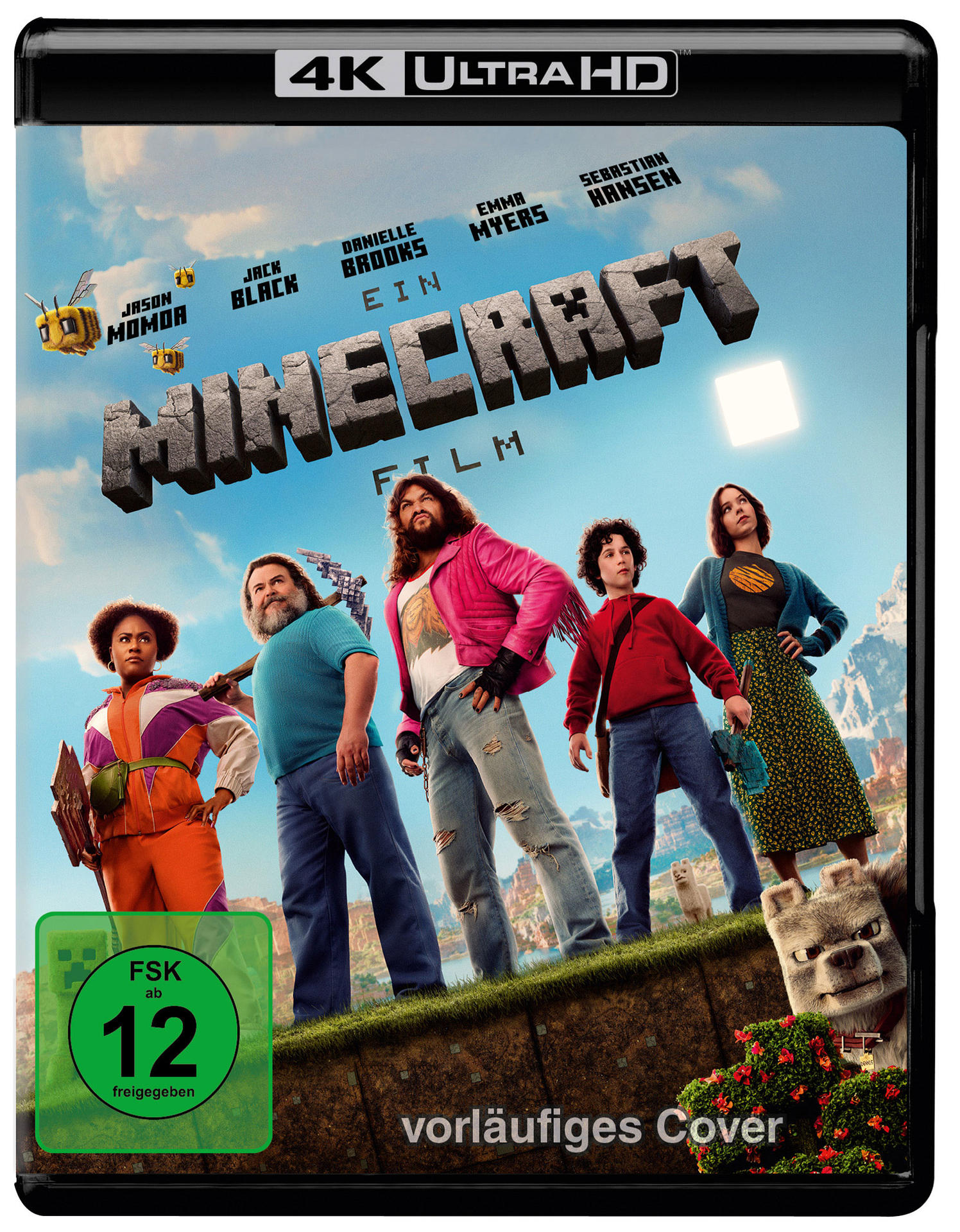 Filmcover: Gruppe von Leuten in einer Minecraft-Umgebung. Titel: Ein Minecraft Film.