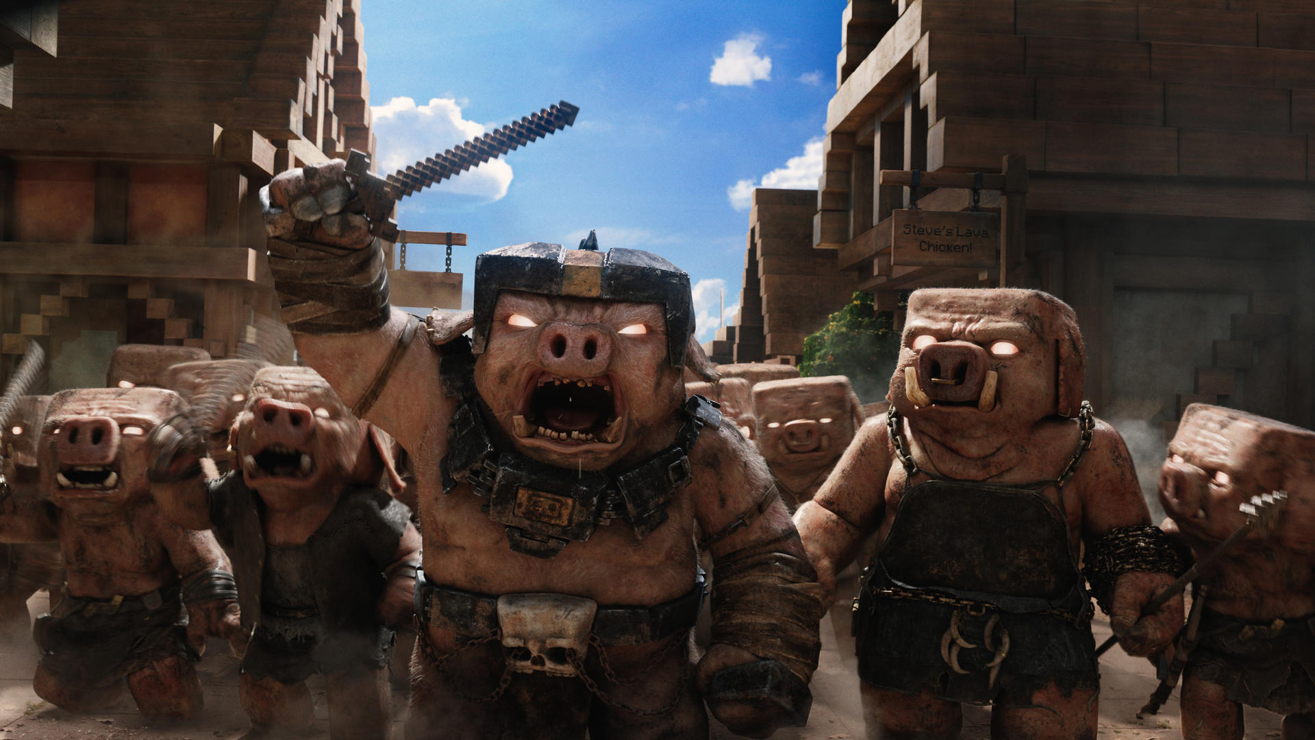 Schweine mit Waffen in einer Minecraft-ähnlichen Umgebung. Gebäude im Hintergrund.
