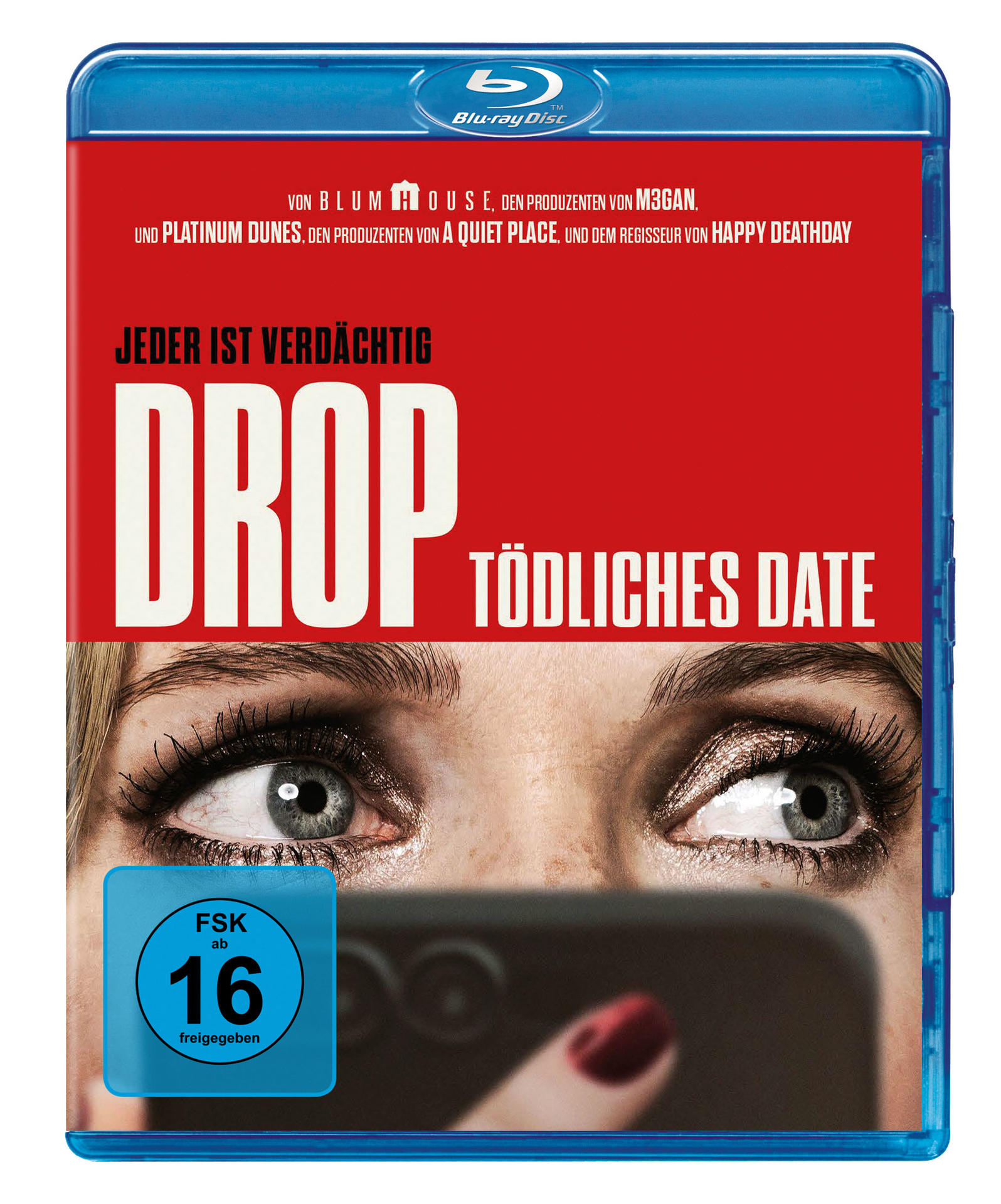 Drop: Tödliches Date Blu-ray-Cover. Das Cover zeigt die Augen einer Frau und ein Telefon.