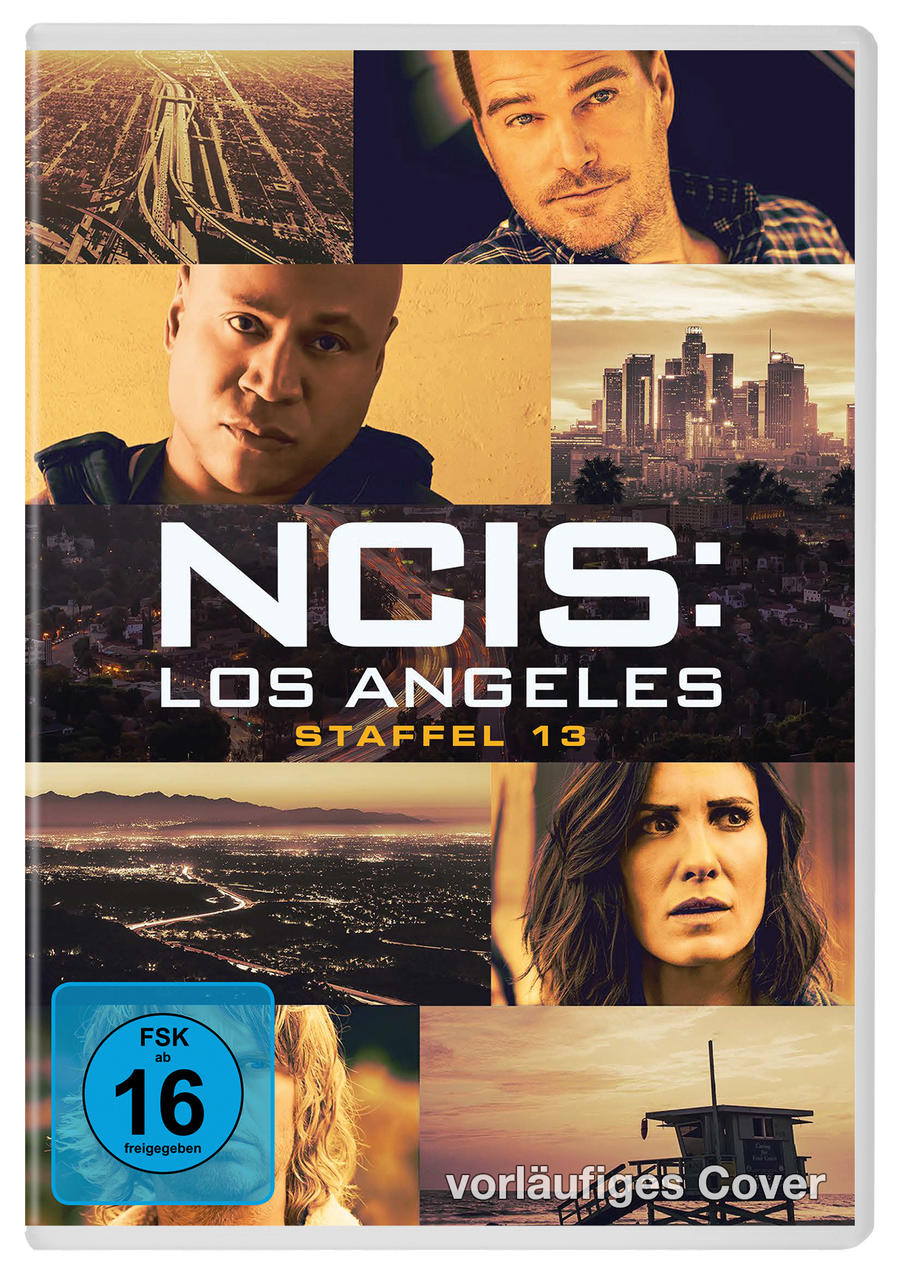 NCIS: Los Angeles DVD-Hülle mit Fotos der Besetzung und Skyline der Stadt.