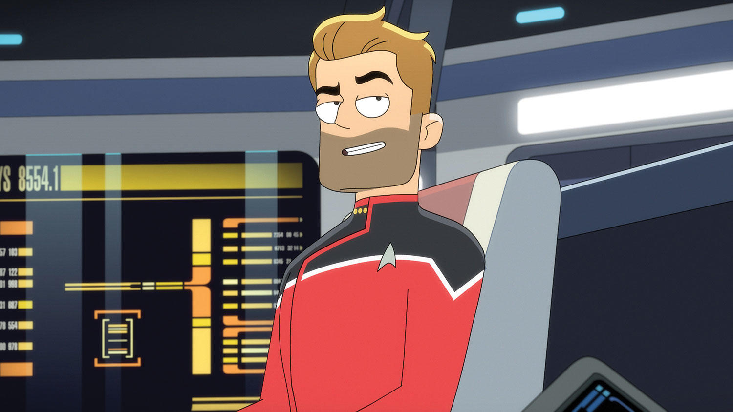 Ein Mann in Star-Trek-Uniform lächelt und schaut den Betrachter an. Er hat einen Bart und ist in einem Schiff.