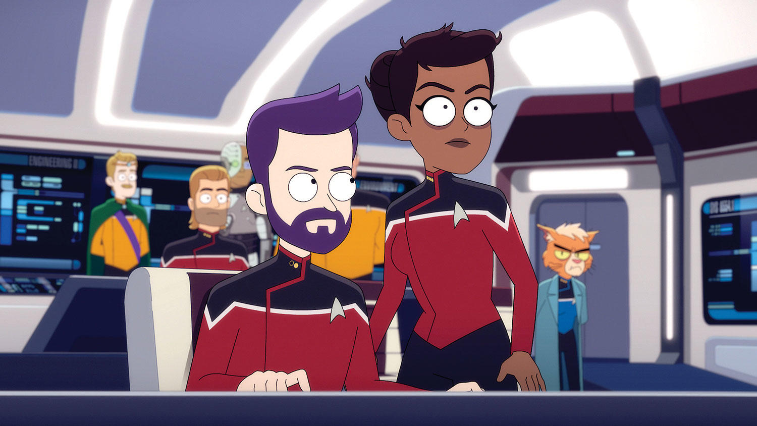 Zwei Star-Trek-Crewmitglieder schauen mit besorgten und überraschten Gesichtsausdrücken in die Kamera.