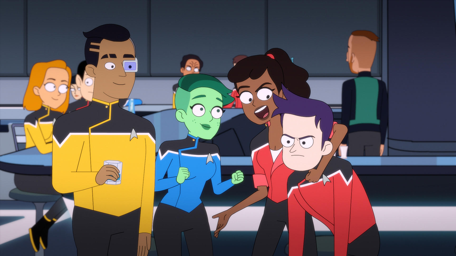 Animierte Szene mit Star Trek-Charakteren in Uniform, die spielerisch in einem Raum interagieren.
