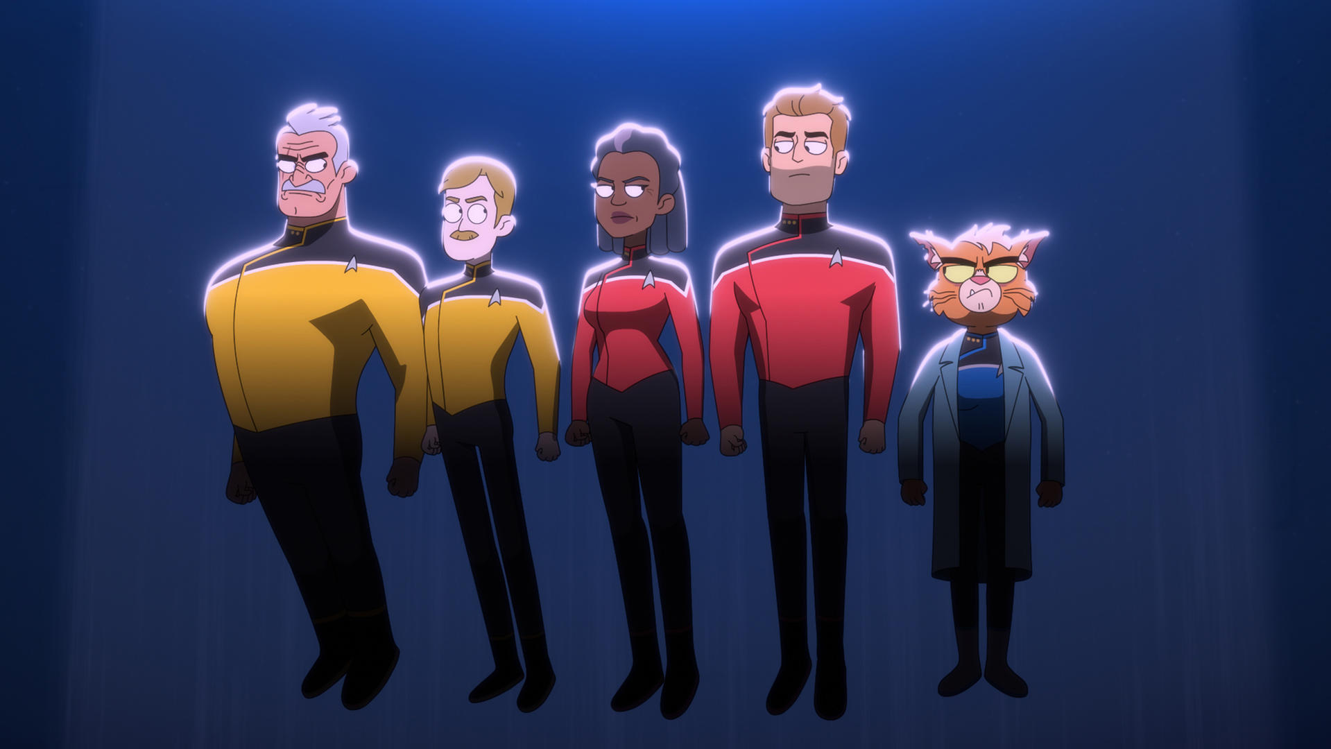 Fünf Star-Trek-Charaktere stehen mit blauem Hintergrund. Sie tragen Uniform und strahlen.