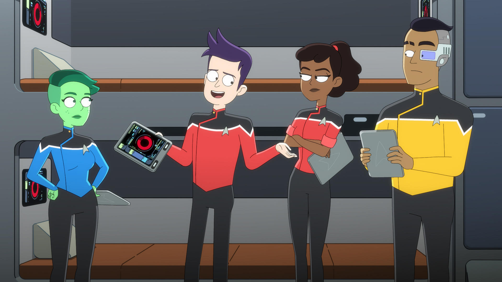 Animierte Star Trek-Charaktere in Uniform, in einem Raum, einige halten Tablets und diskutieren.