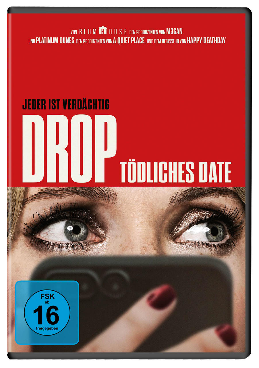 DVD-Cover für einen Film mit Nahaufnahme von Augen, die auf ein Telefon starren, roter Hintergrund.