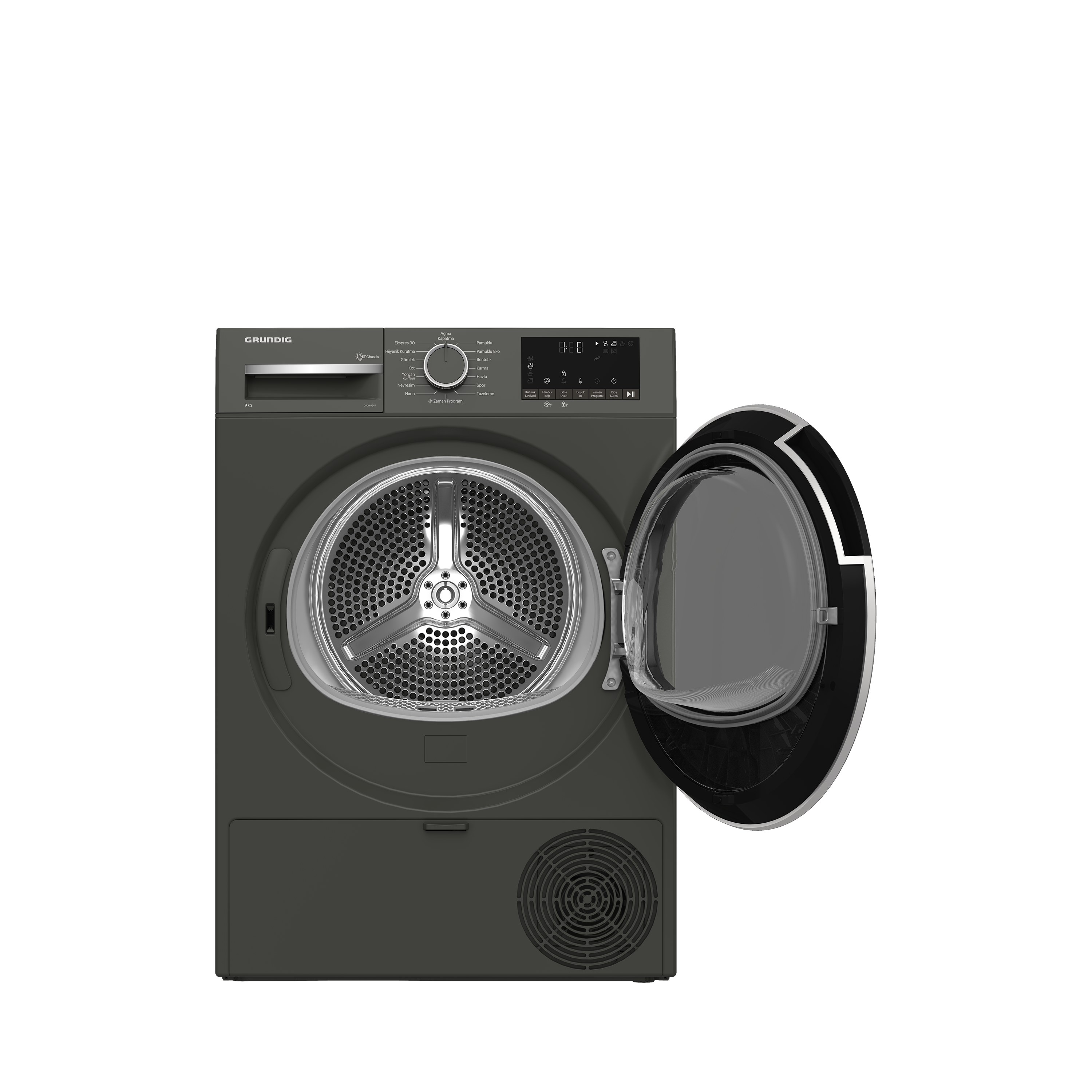 Koyu gri Grundig kurutucu, kapı açık, tambur görünüyor.