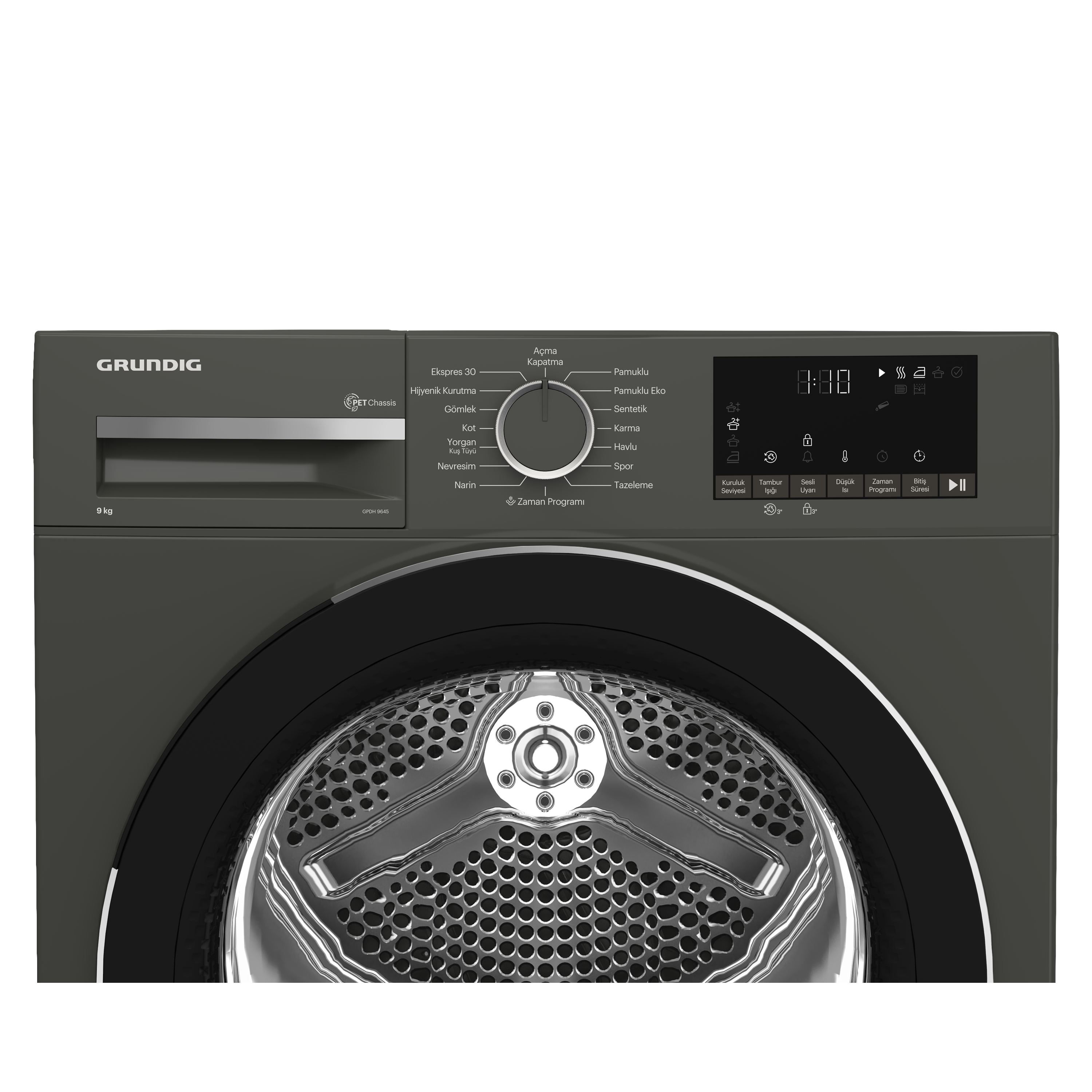 Koyu gri Grundig kurutma makinesinin kontrol panelinin yakın çekimi.