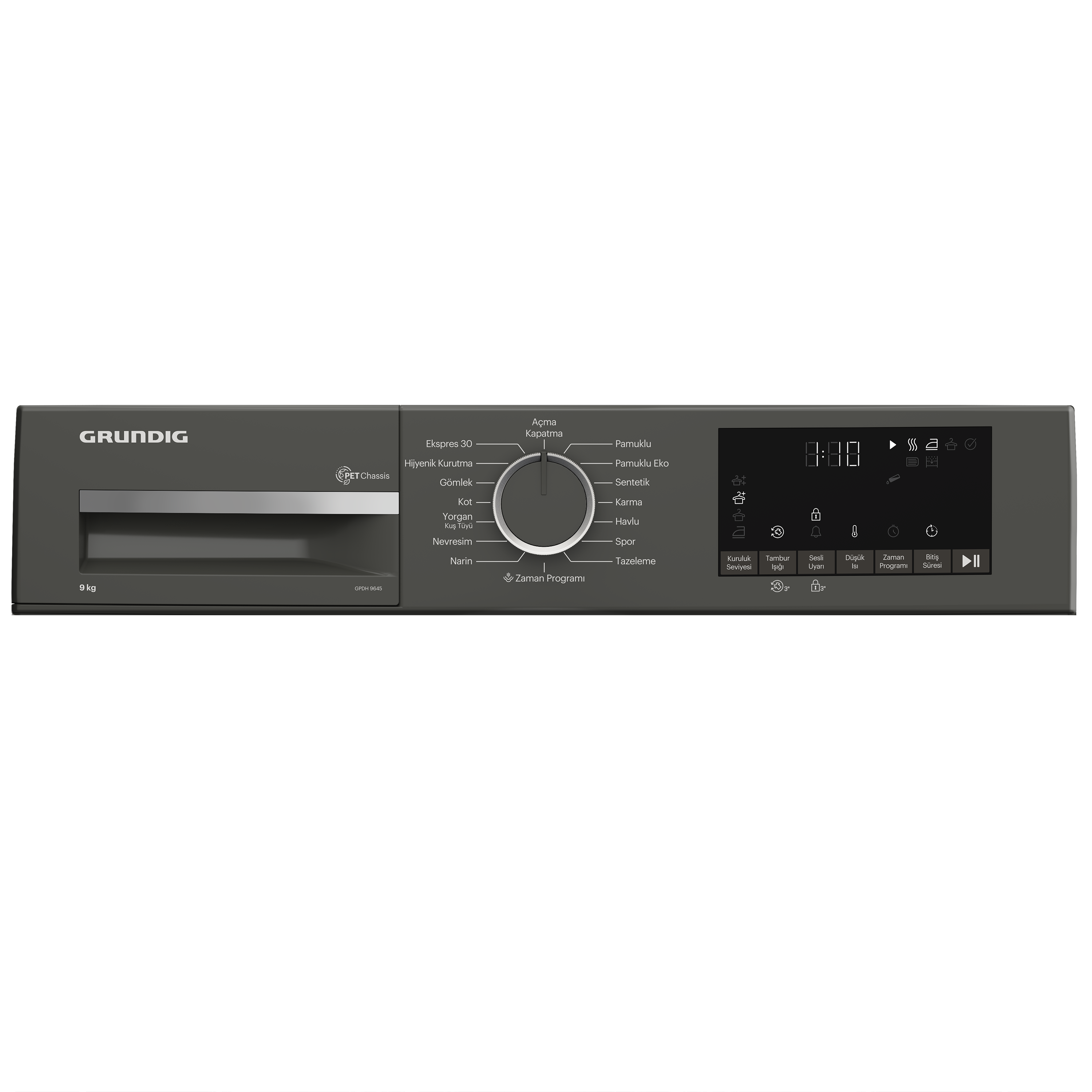 Koyu gri Grundig kurutma makinesinin kontrol panelinin, ayarları gösteren yakın çekimi.