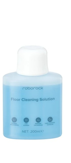 'roborock' ve 'Floor Cleaning Solution' etiketli mavi zemin temizleyici şişesi.