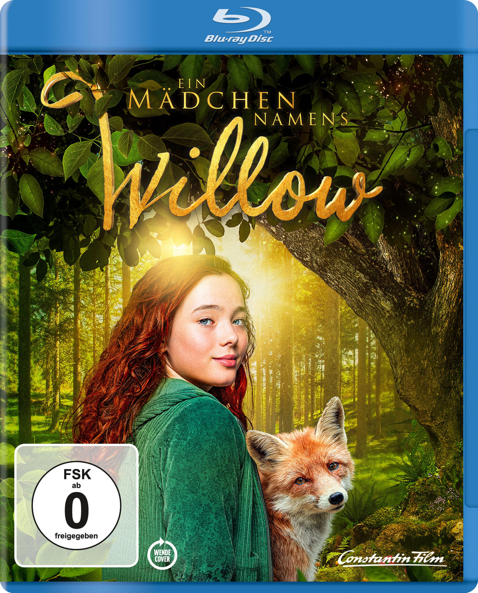 Ein Mädchen mit roten Haaren und ein Fuchs im Wald, Titel 'Willow'.